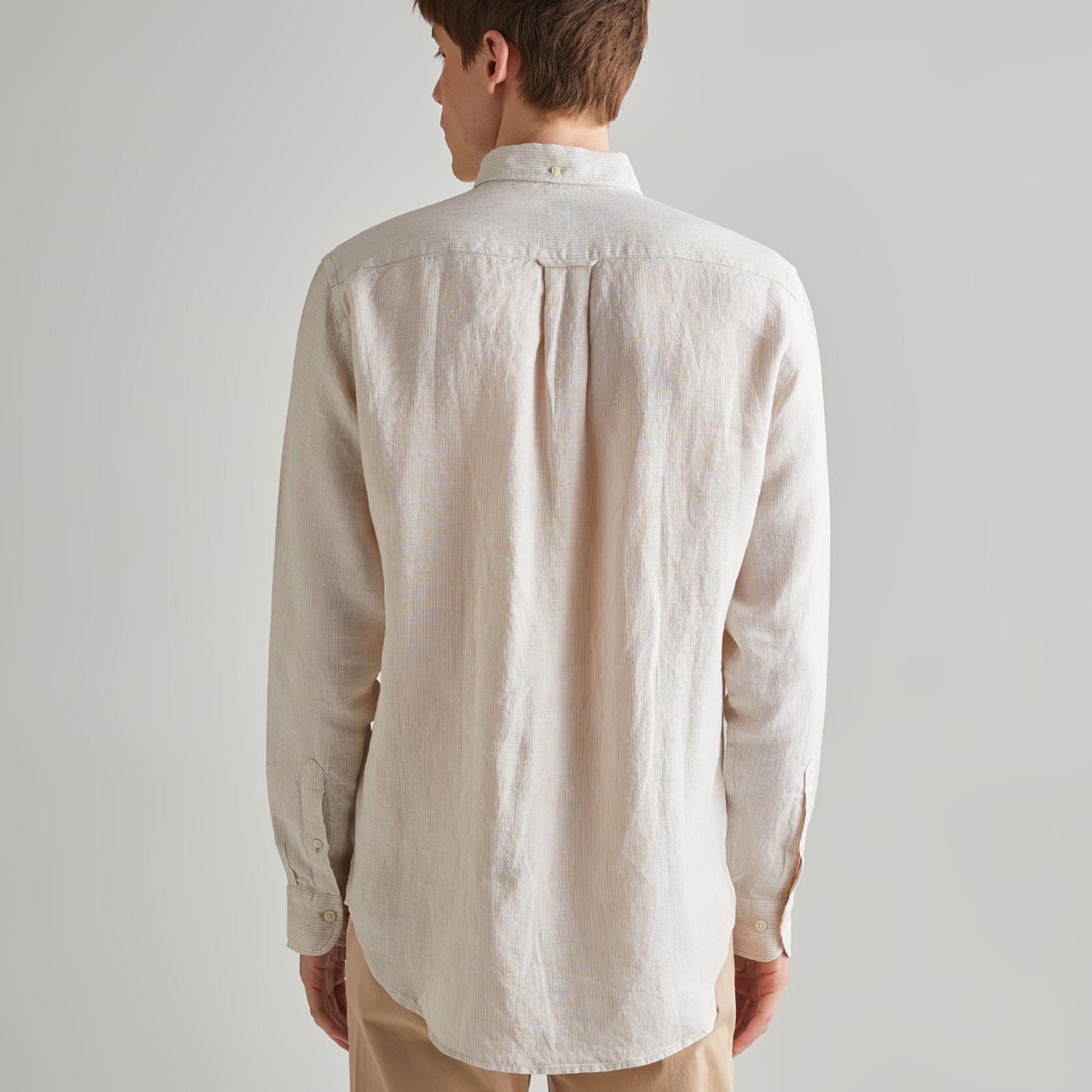 GANT Erkek Bej Regular Fit Çizgili Keten Gömlek