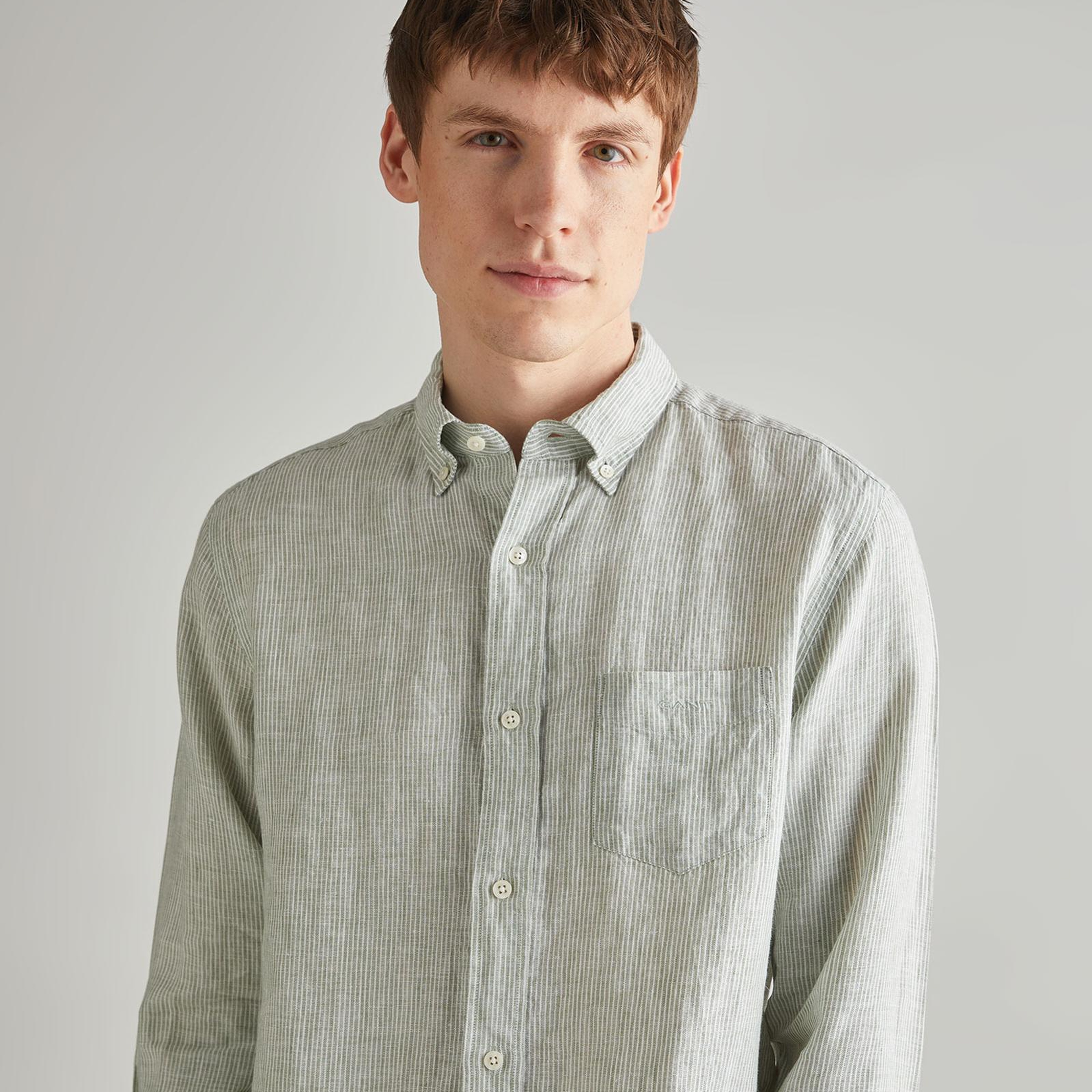 GANT Erkek Yeşil Regular Fit Çizgili Keten Gömlek
