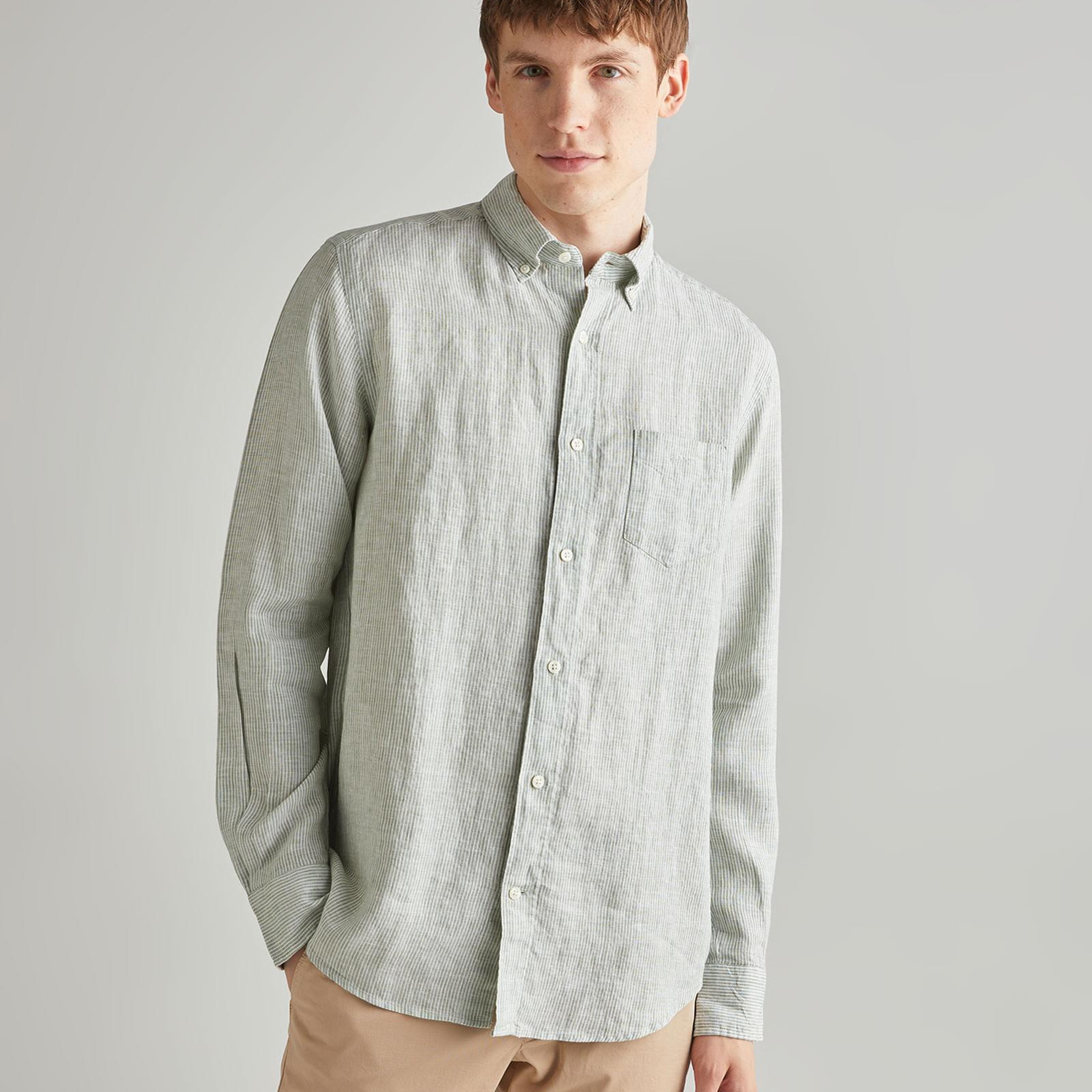 GANT Erkek Yeşil Regular Fit Çizgili Keten Gömlek