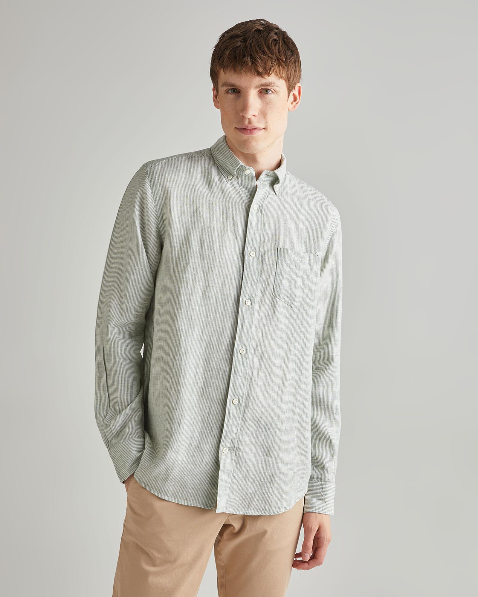 GANT Erkek Yeşil Regular Fit Çizgili Keten Gömlek