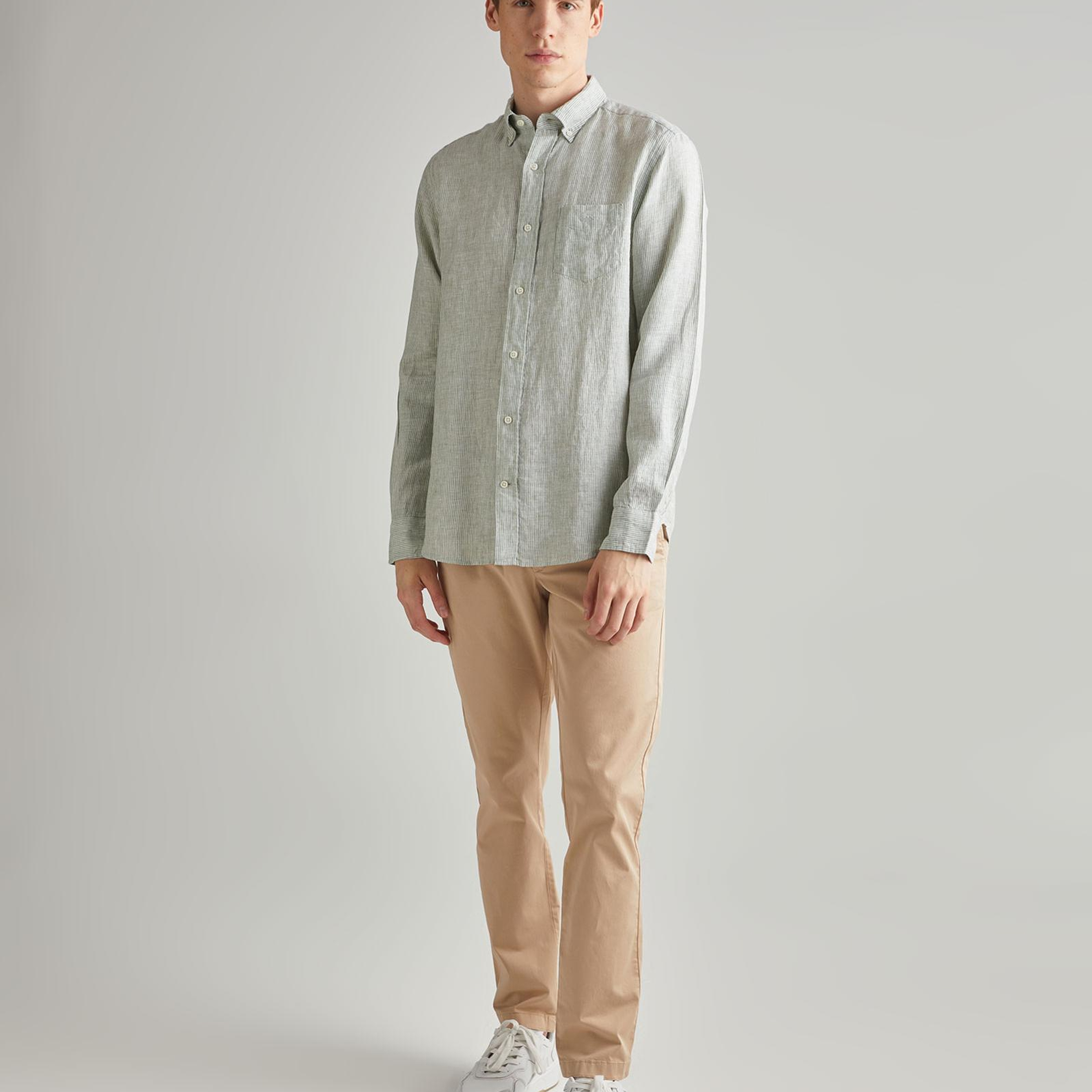 GANT Erkek Yeşil Regular Fit Çizgili Keten Gömlek