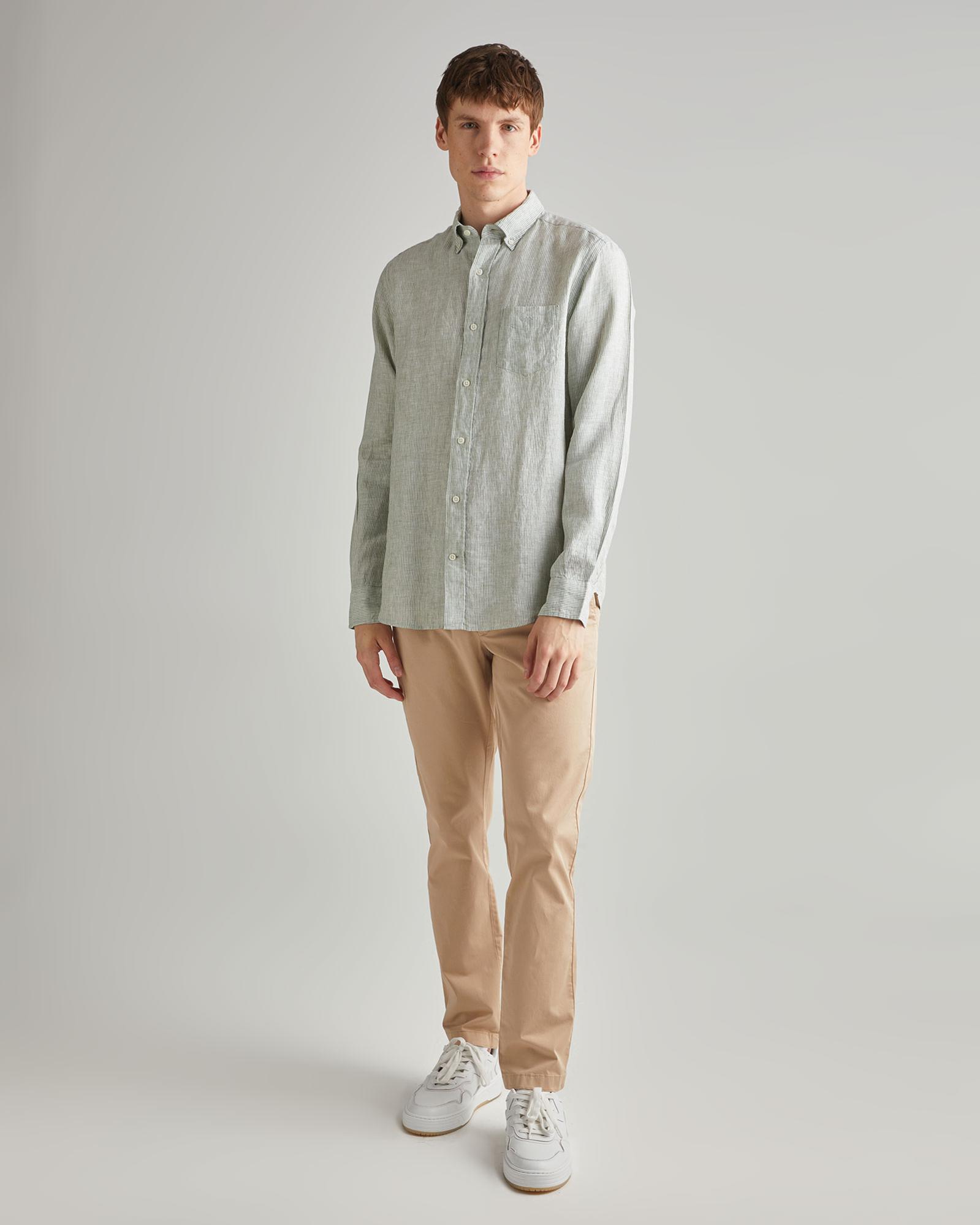 GANT Erkek Yeşil Regular Fit Çizgili Keten Gömlek