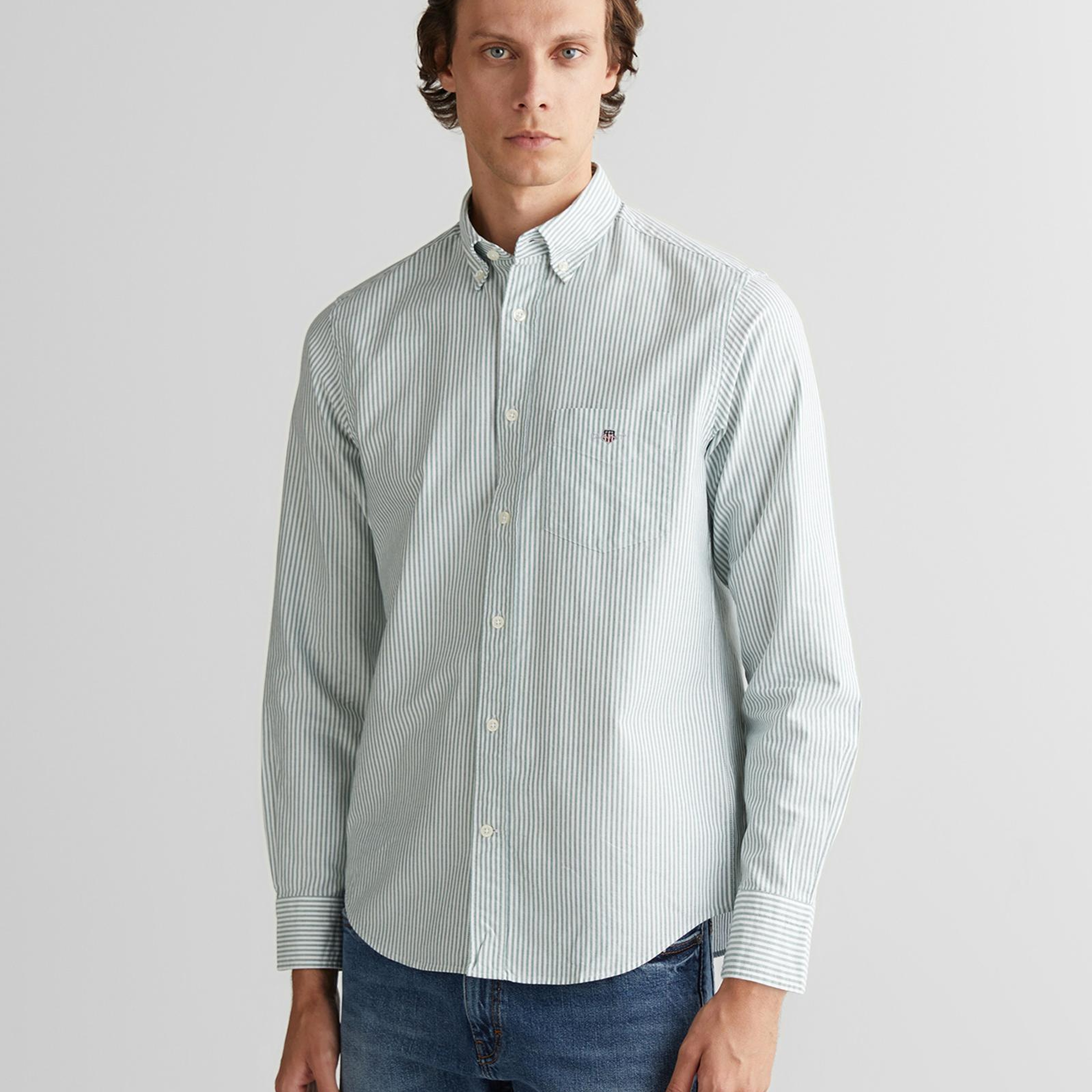 GANT Erkek Yeşil Regular Fit Düğmeli Yaka Çizgili Oxford Gömlek