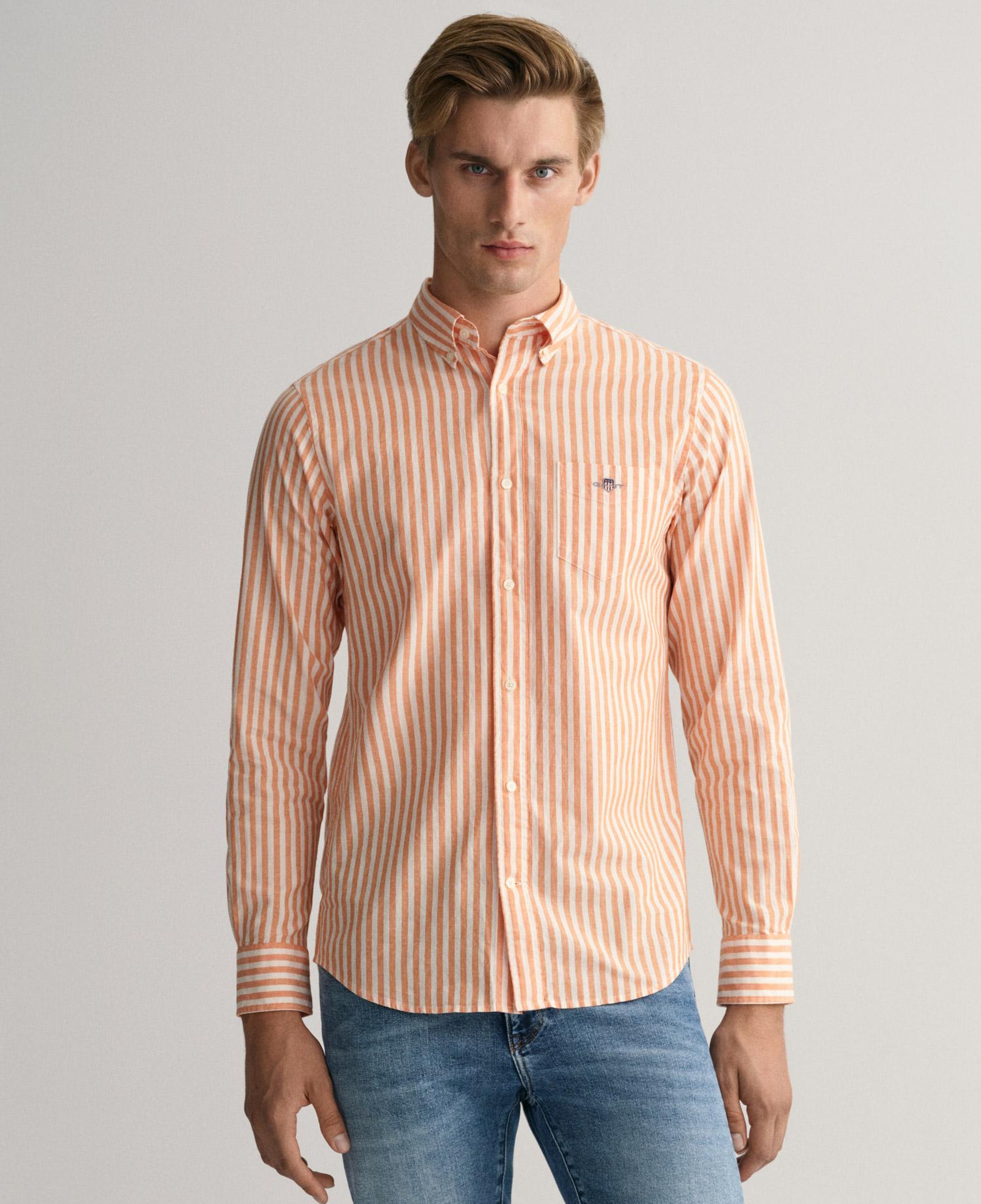 GANT Erkek Turuncu Regular Fit Düğmeli Yaka Çizgili Gömlek