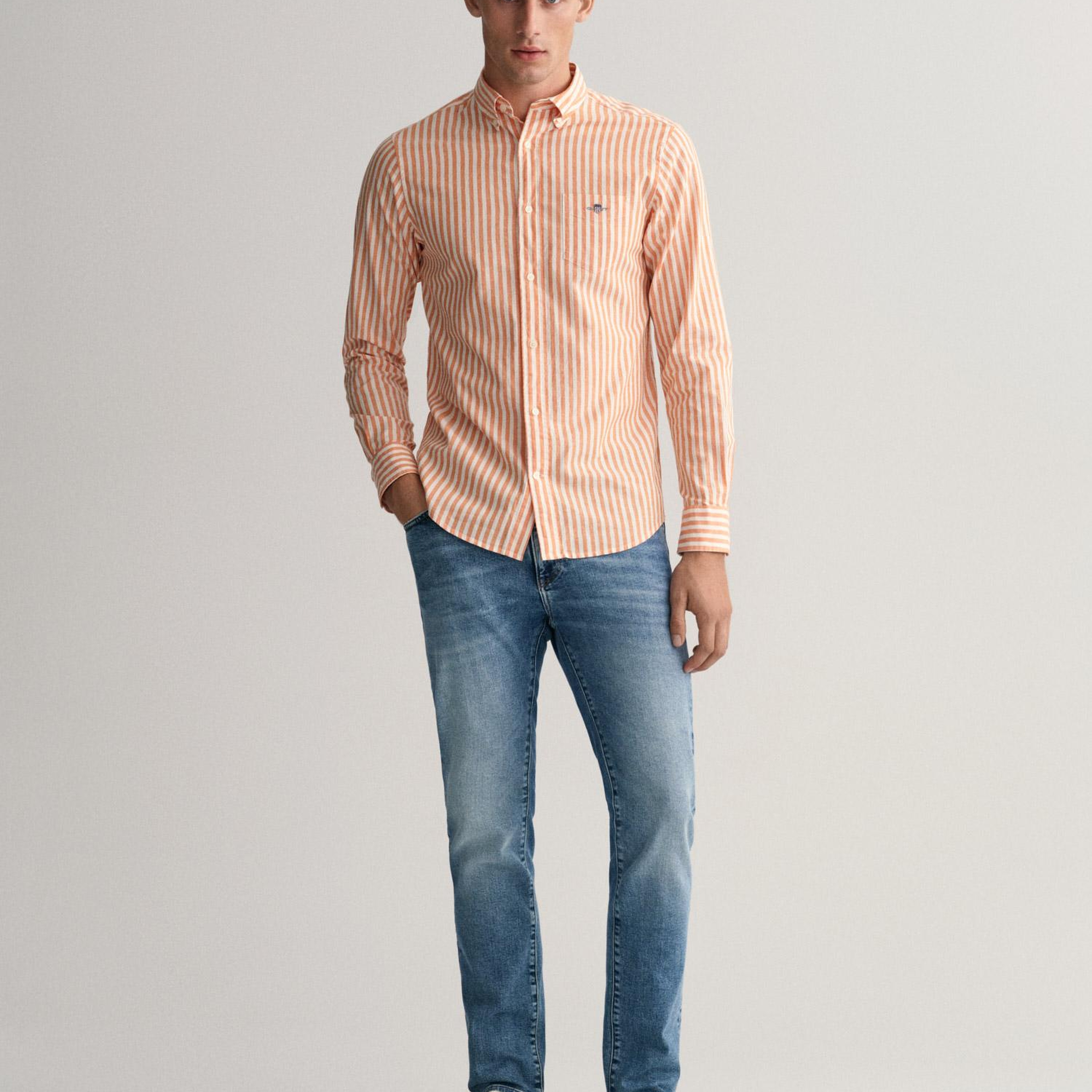 GANT Erkek Turuncu Regular Fit Düğmeli Yaka Çizgili Gömlek