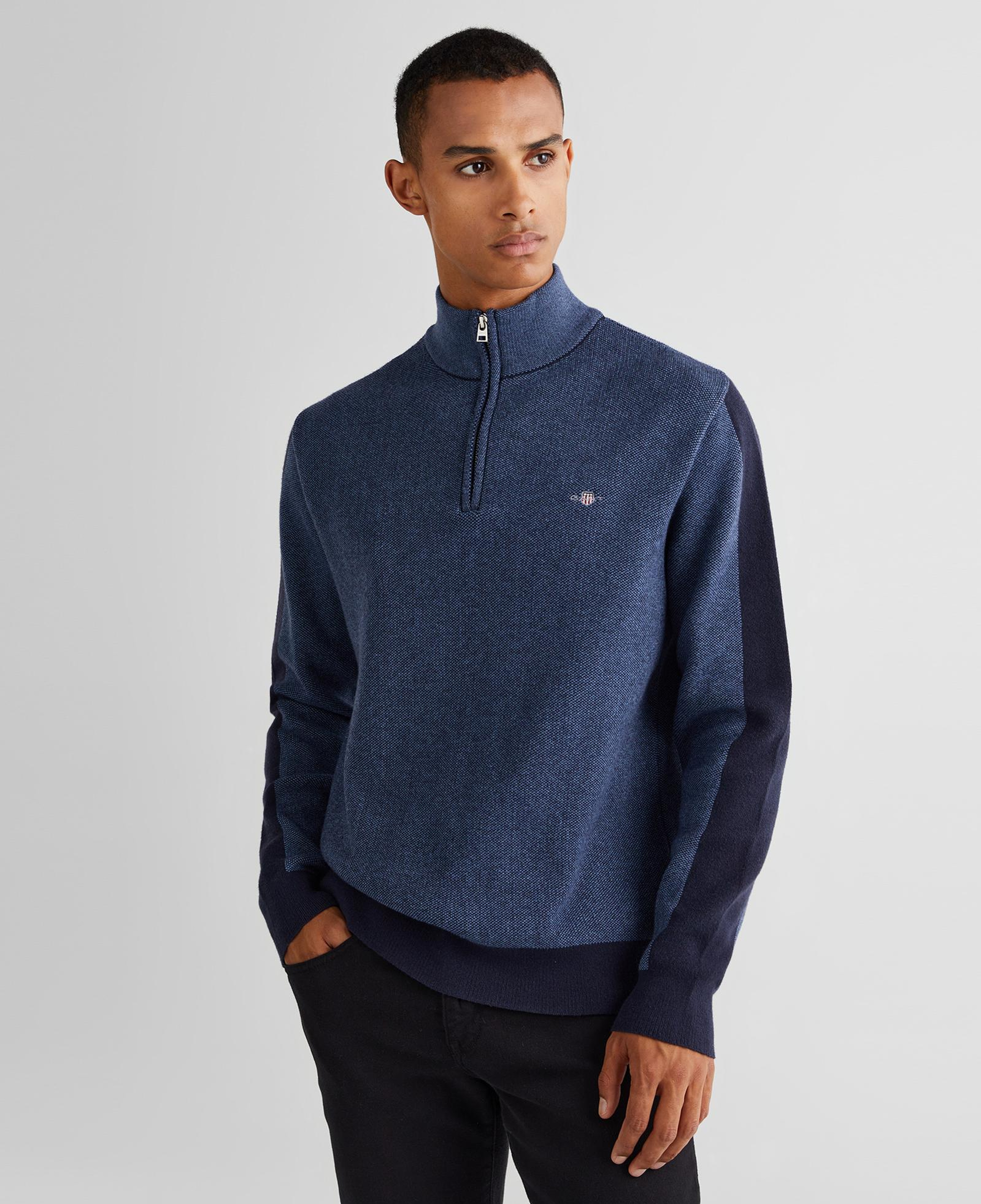 GANT Erkek Lacivert Relaxed Fit Yarım Fermuarlı Renk Bloklu Kazak