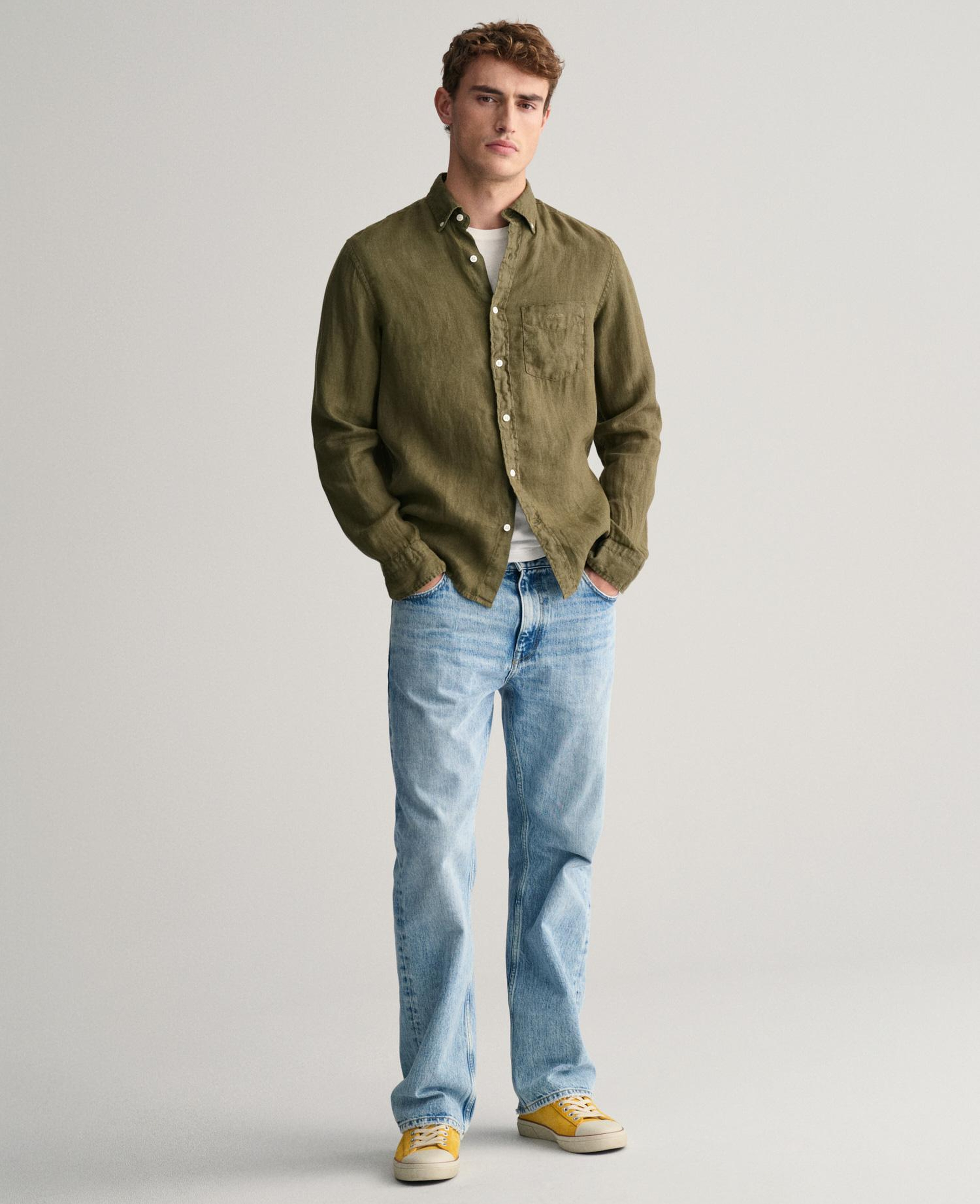 GANT Erkek Yeşil Regular Fit Düğmeli Yaka Keten Gömlek