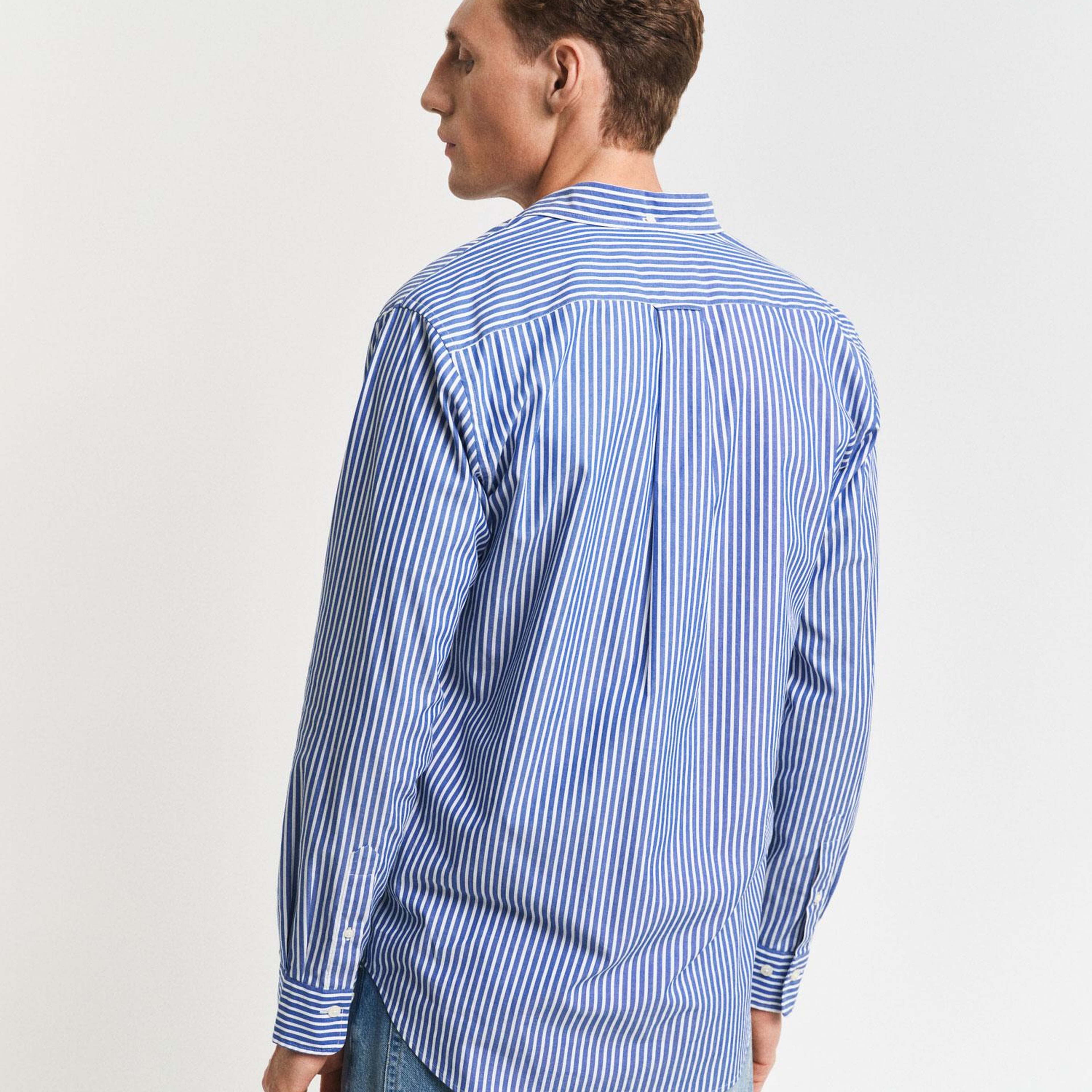 GANT Erkek Mavi Regular Fit Düğmeli Yaka Çizgili Poplin Gömlek