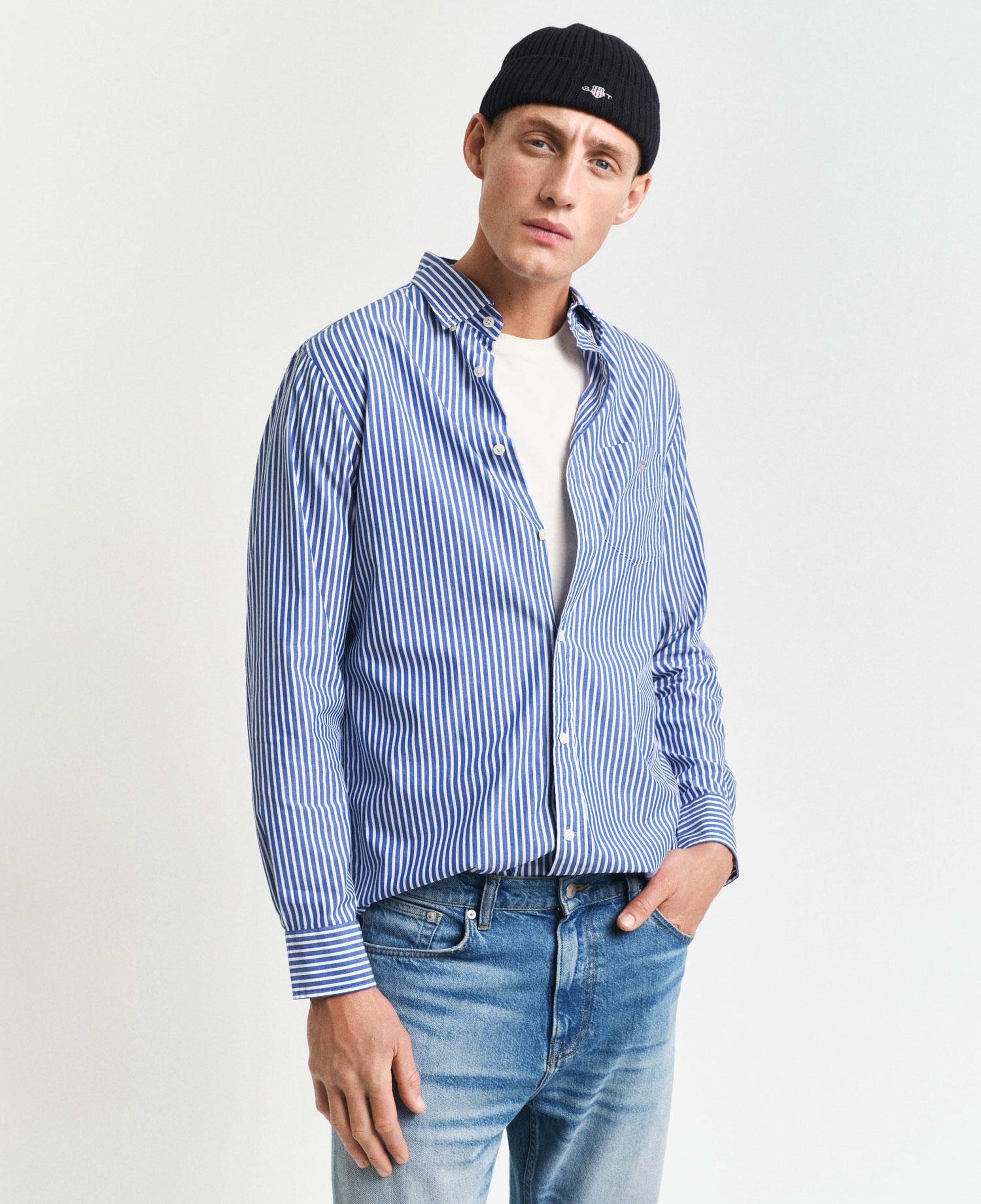 GANT Erkek Mavi Regular Fit Düğmeli Yaka Çizgili Poplin Gömlek