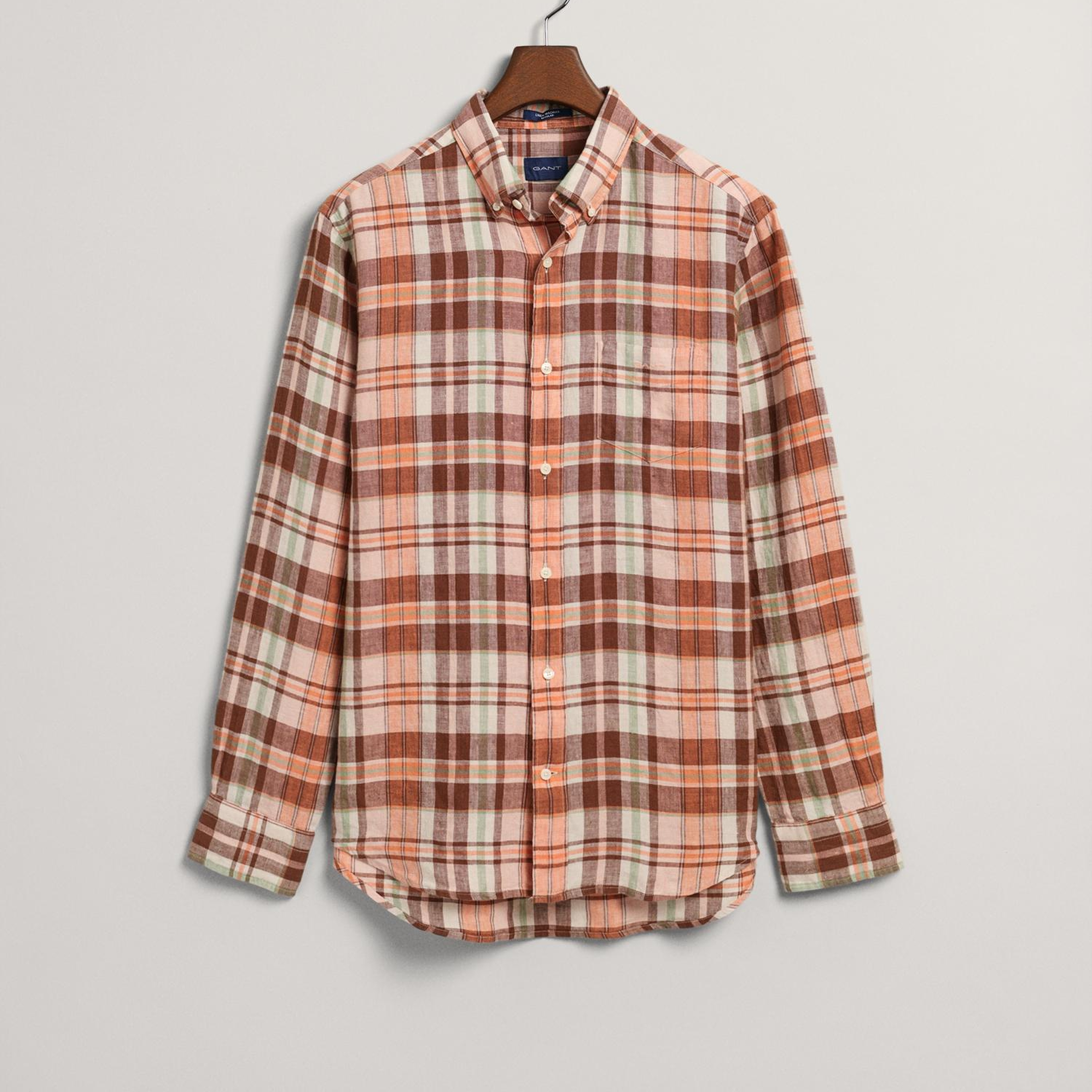 GANT Erkek Turuncu Regular Fit Kareli Keten Gömlek