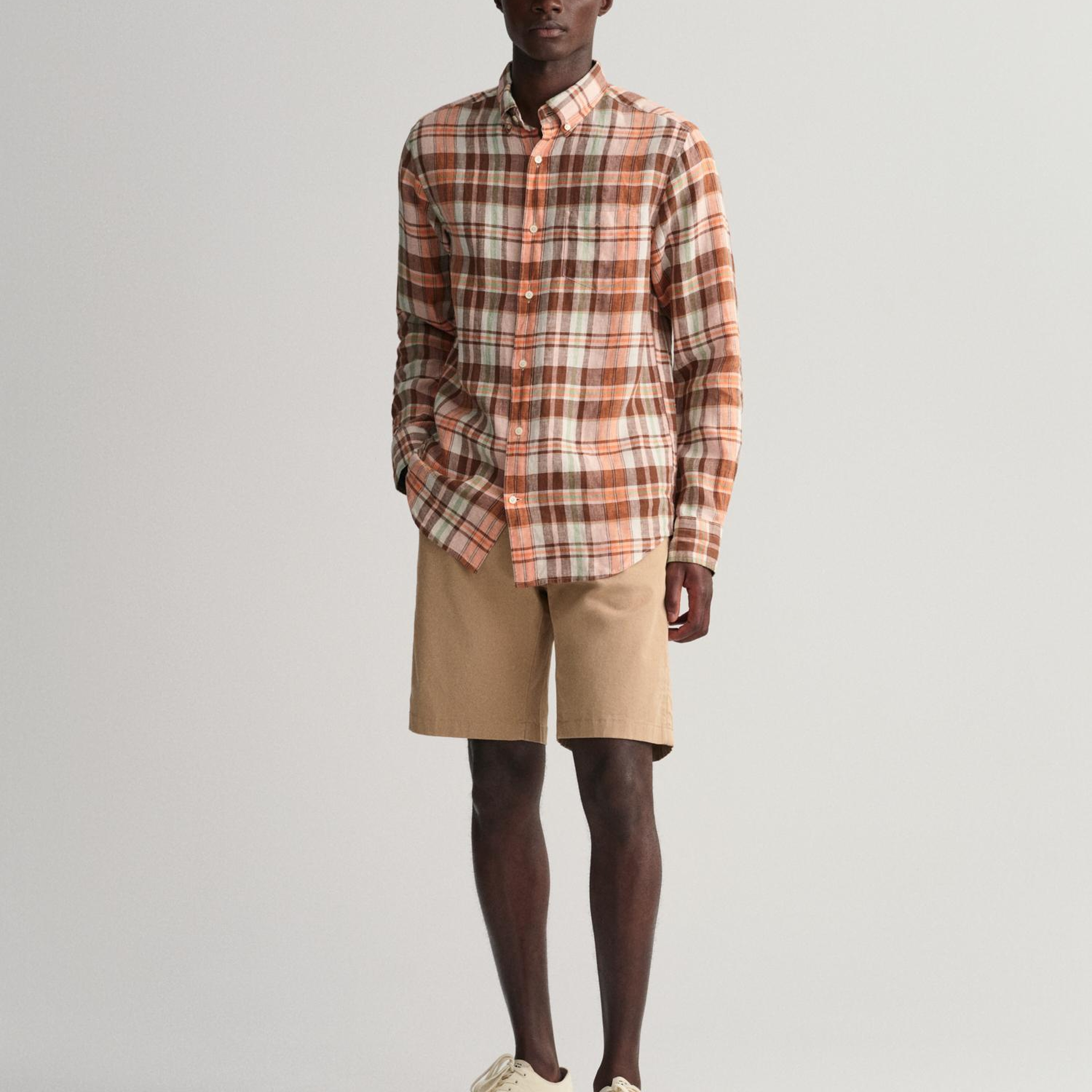 GANT Erkek Turuncu Regular Fit Kareli Keten Gömlek