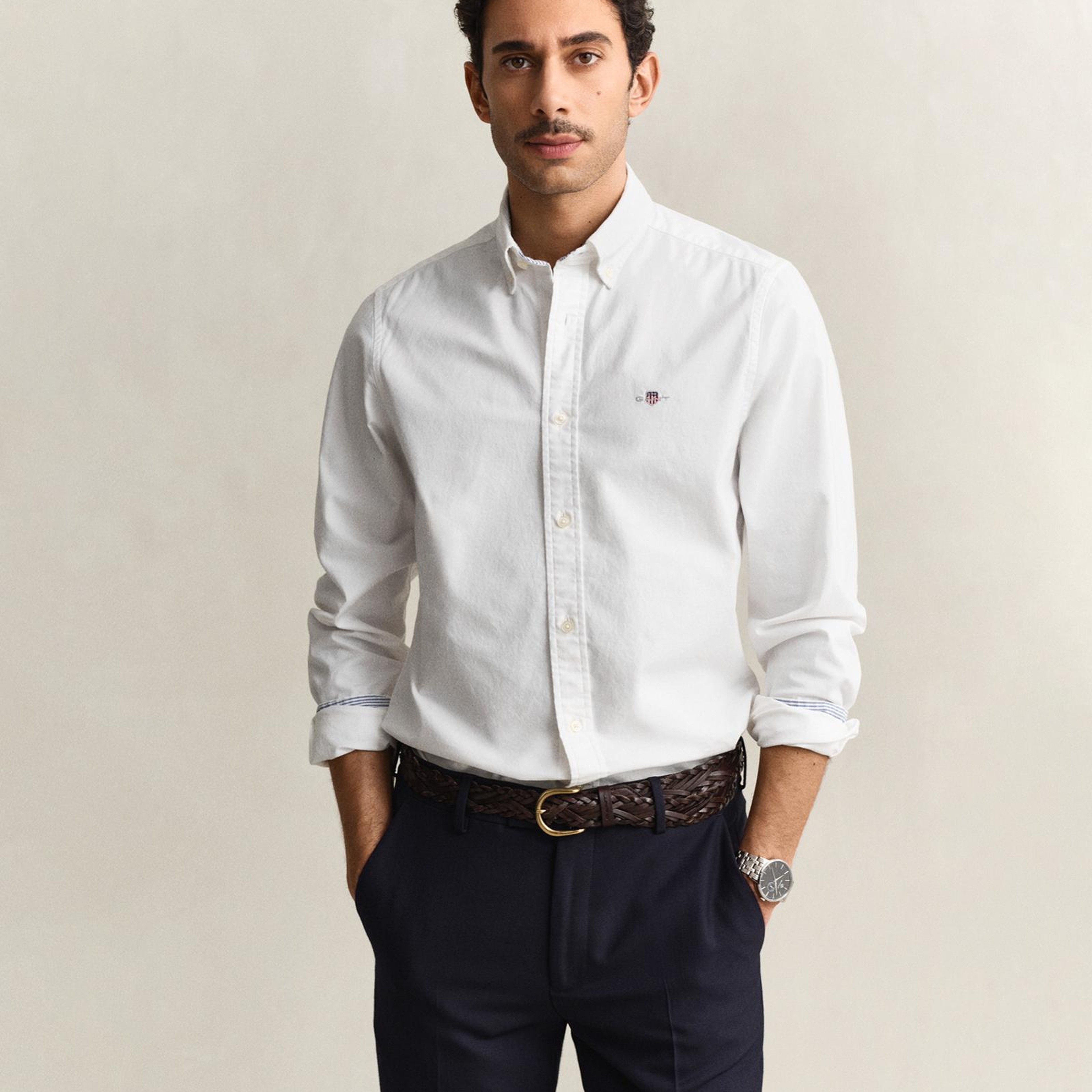 GANT Erkek Beyaz Slim Fit Çizgili Logolu Gömlek