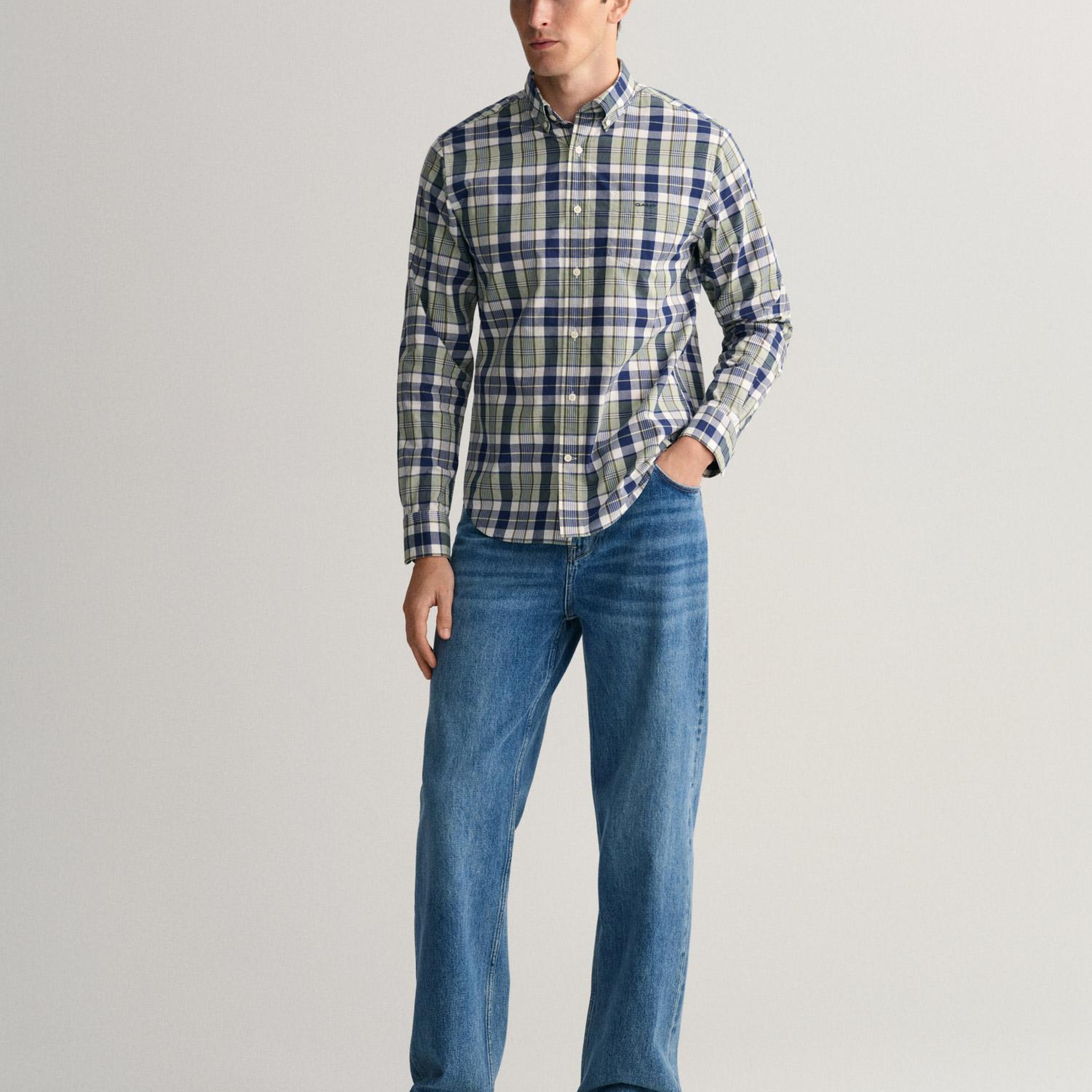 GANT Erkek Yeşil Regular Fit Düğmeli Yaka Kareli Gömlek