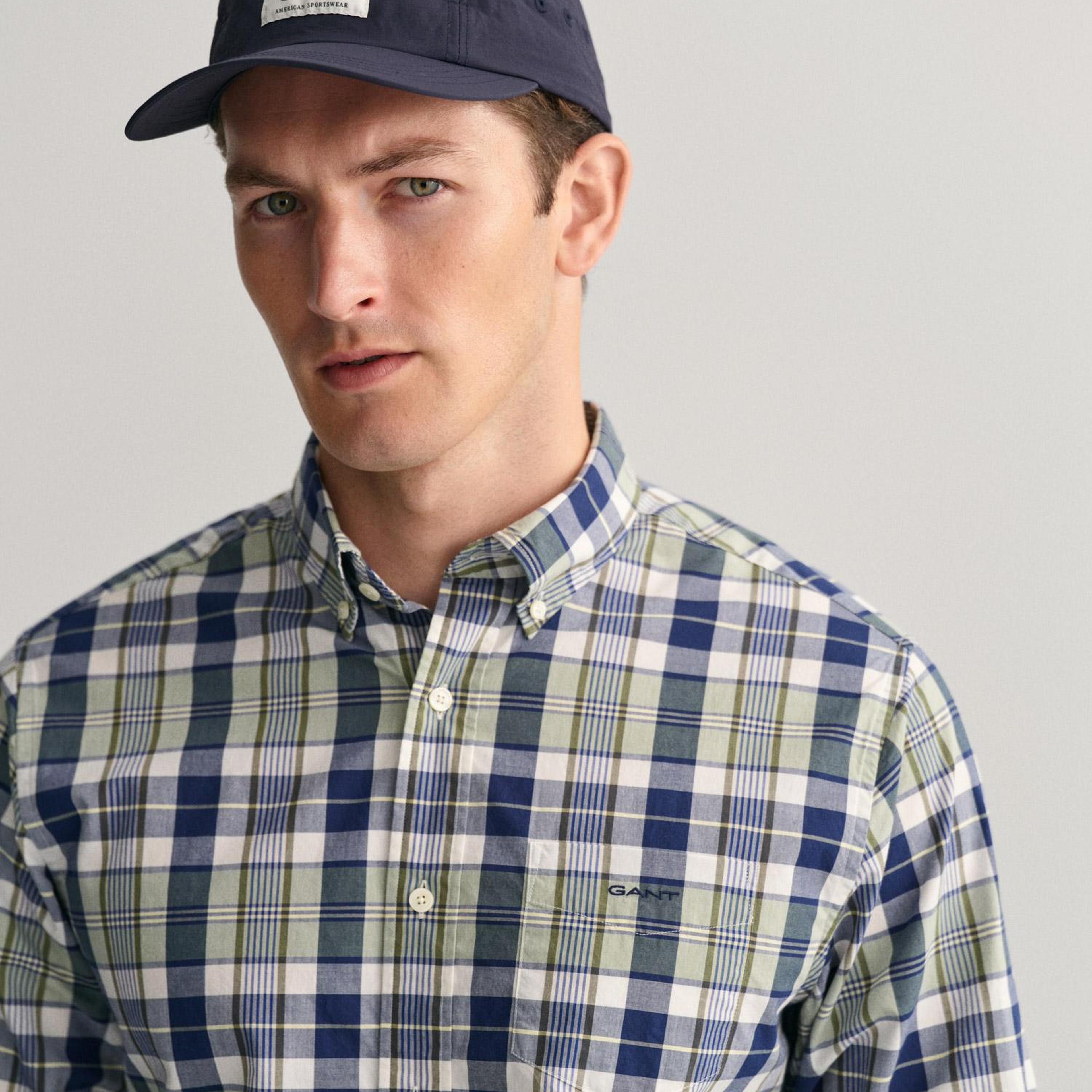 GANT Erkek Yeşil Regular Fit Düğmeli Yaka Kareli Gömlek