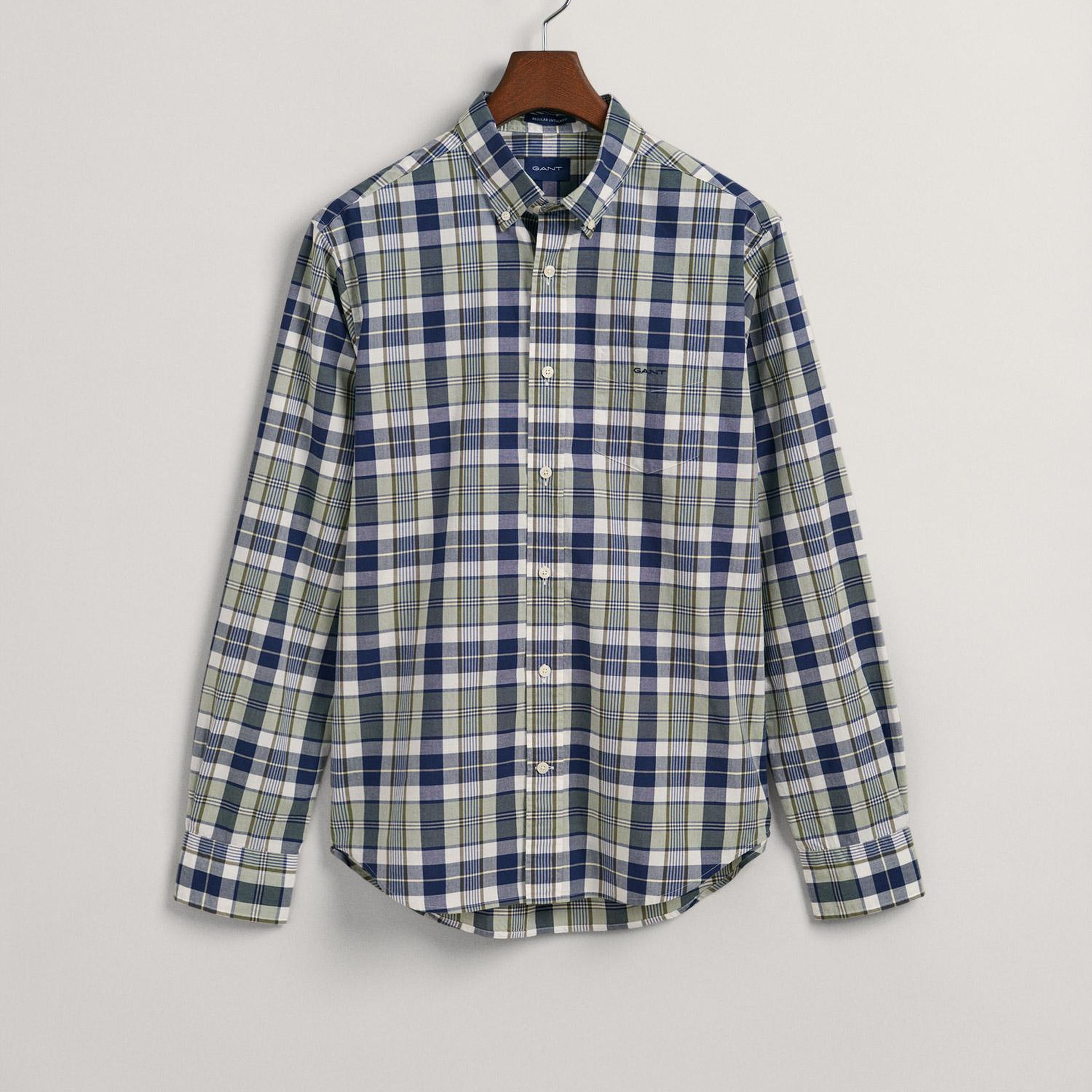 GANT Erkek Yeşil Regular Fit Düğmeli Yaka Kareli Gömlek