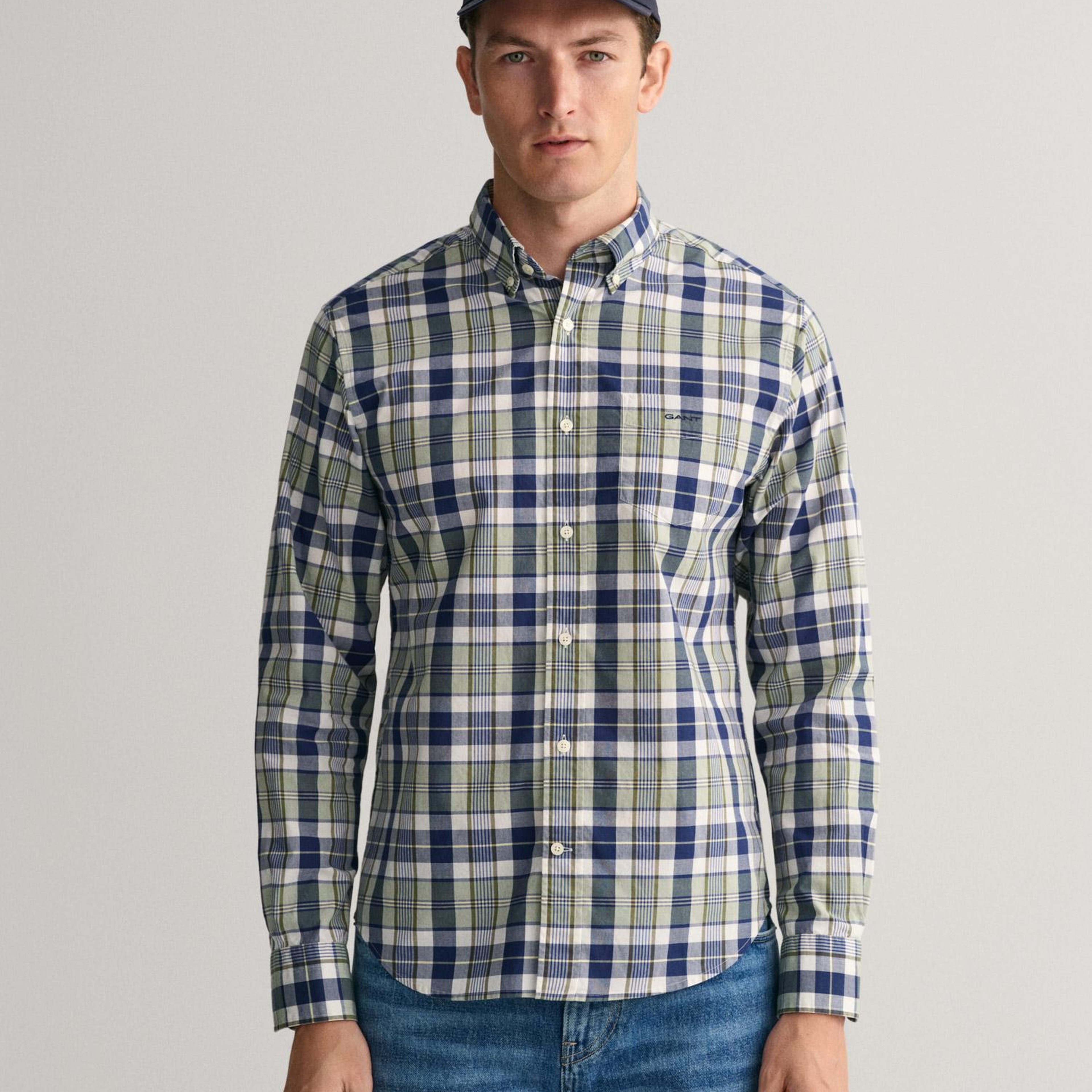 GANT Erkek Yeşil Regular Fit Düğmeli Yaka Kareli Gömlek