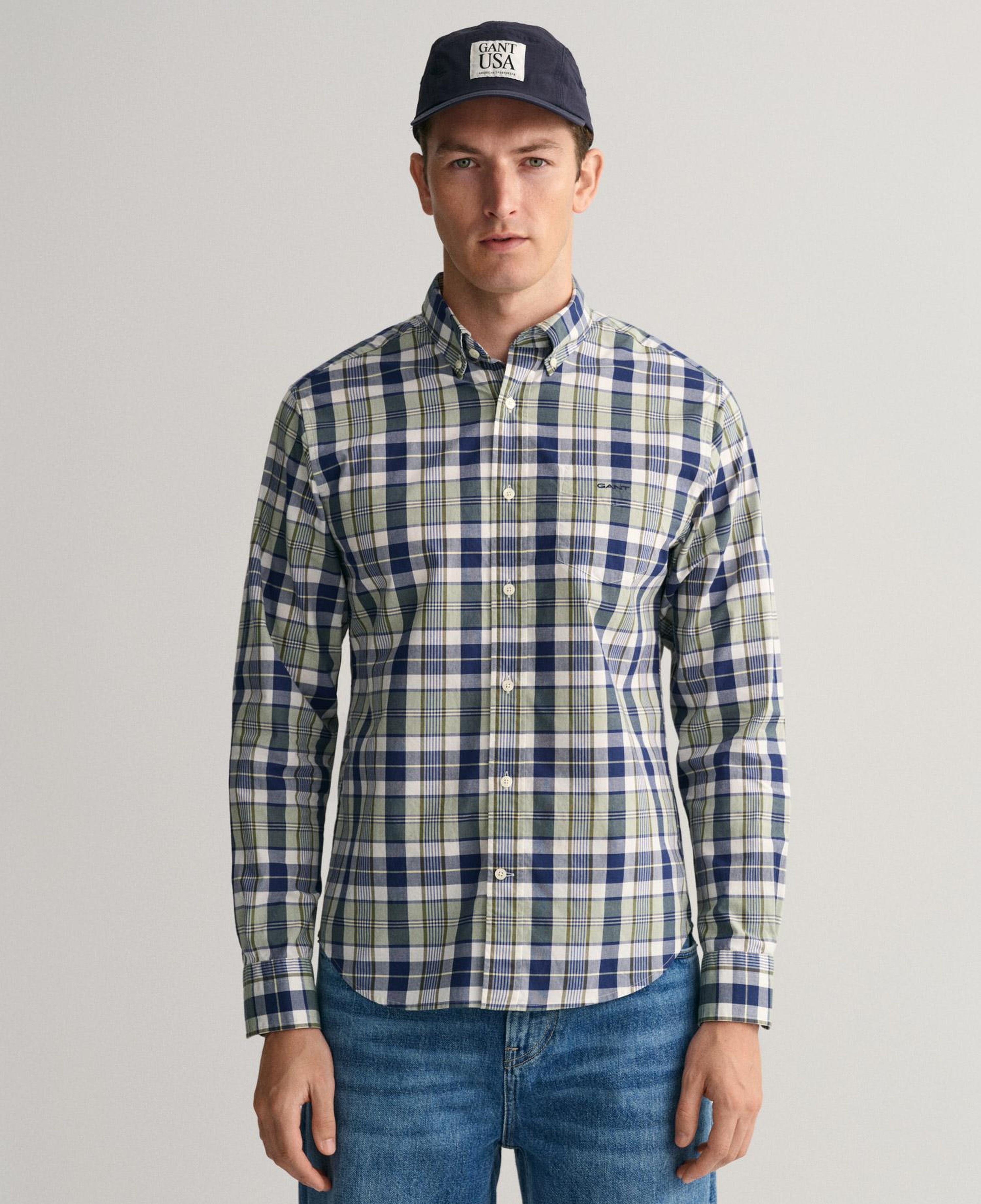 GANT Erkek Yeşil Regular Fit Düğmeli Yaka Kareli Gömlek