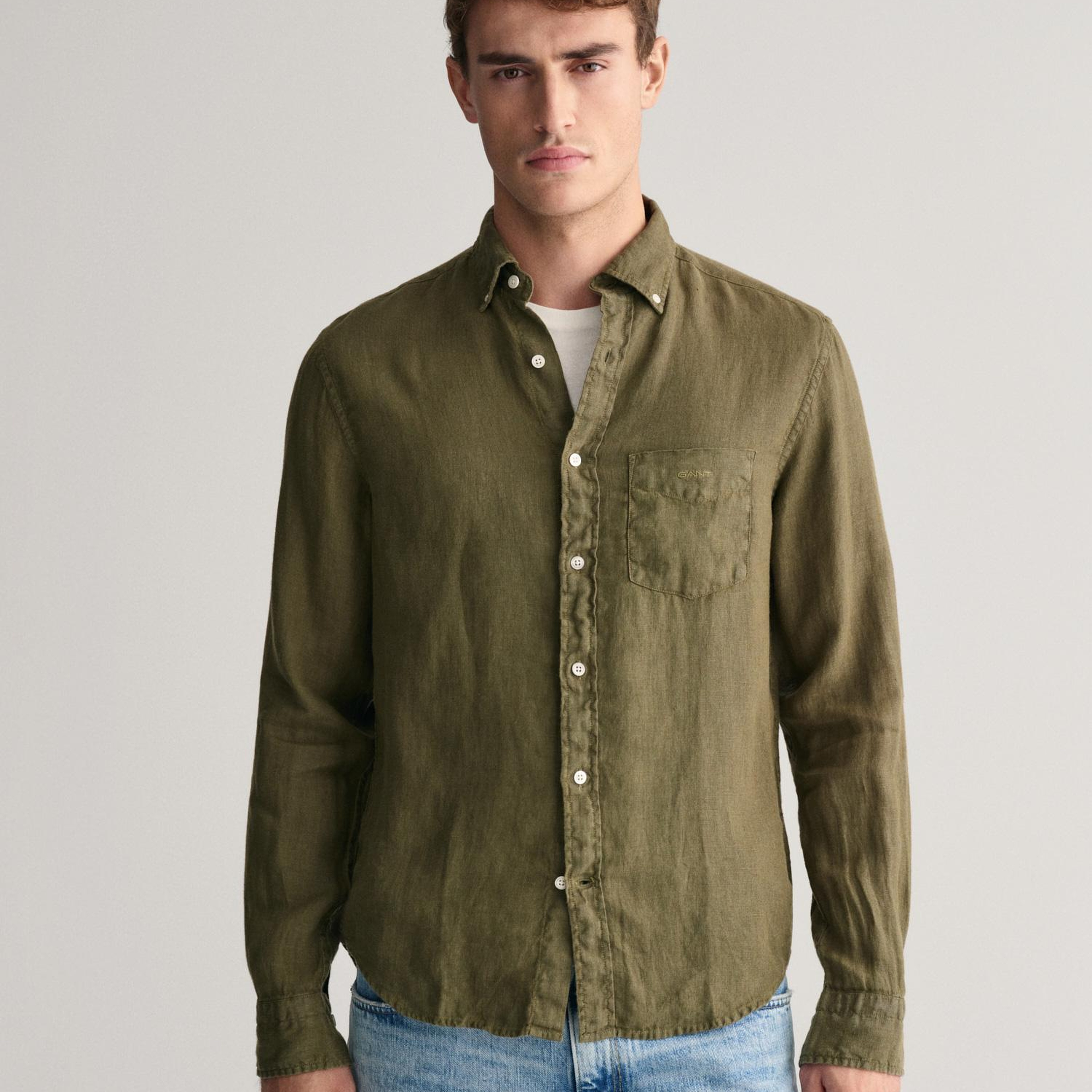 GANT Erkek Yeşil Regular Fit Düğmeli Yaka Keten Gömlek