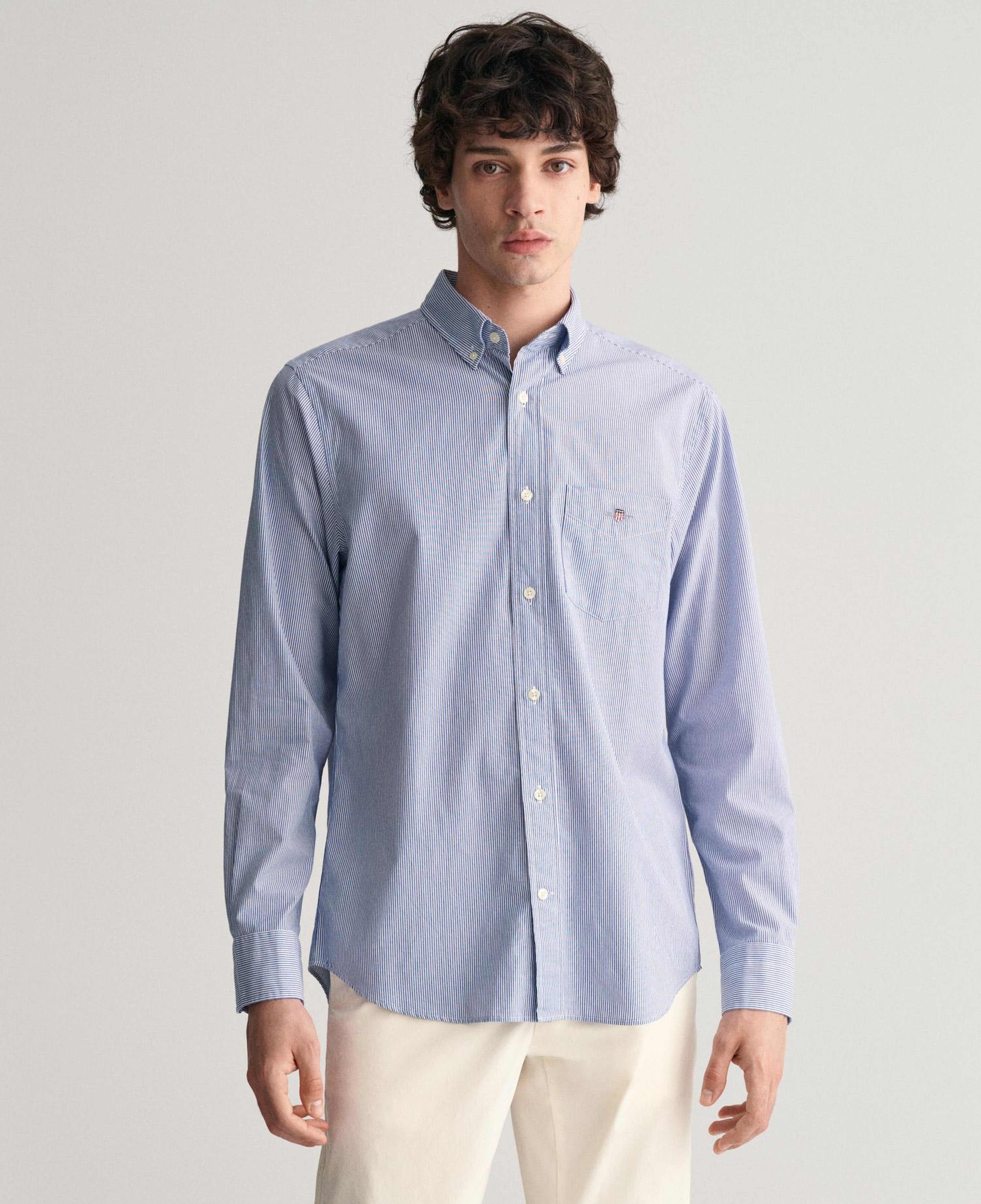 GANT Erkek Mavi Regular Fit Çizgili Düğmeli Yaka Gömlek