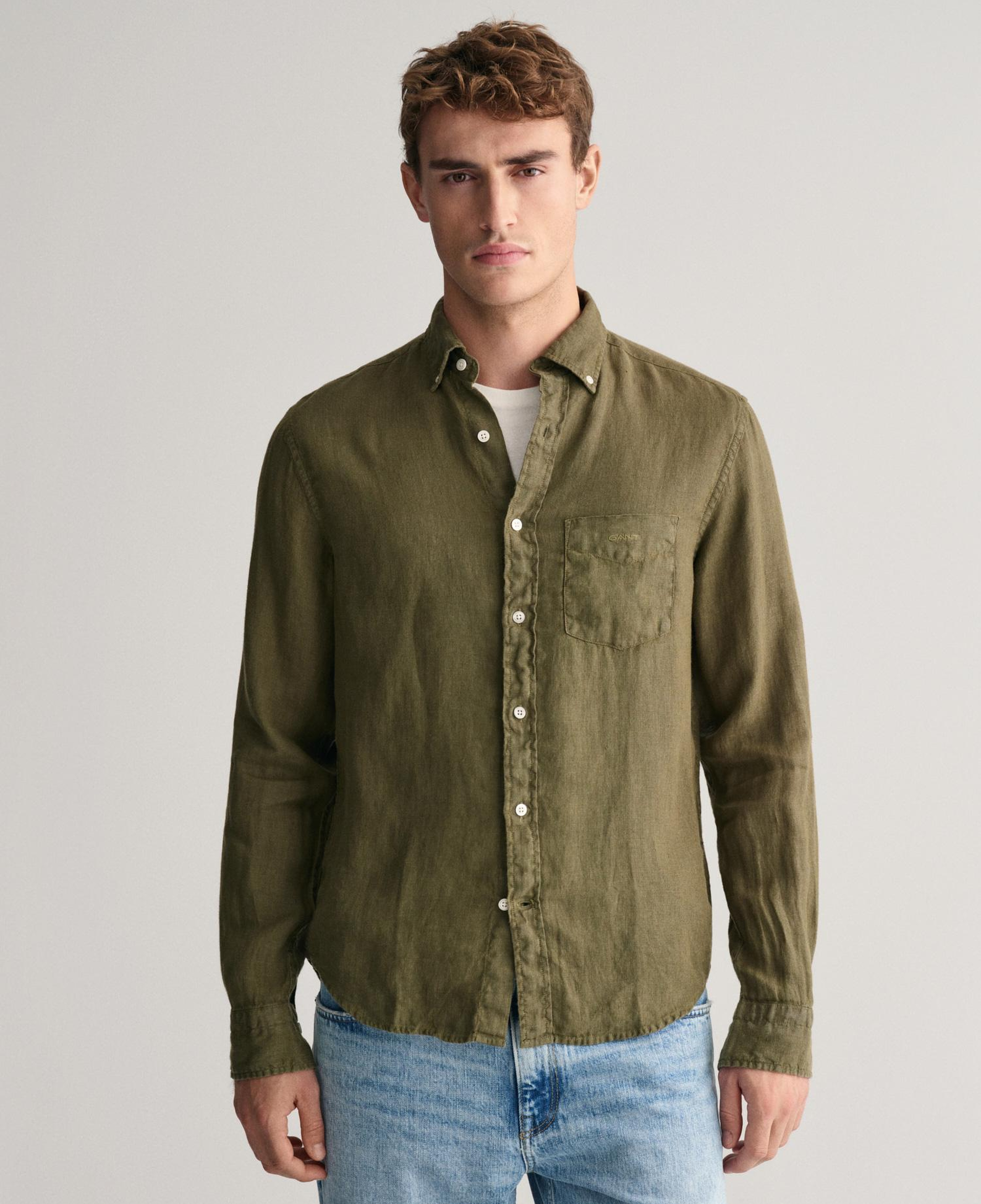 GANT Erkek Yeşil Regular Fit Düğmeli Yaka Keten Gömlek