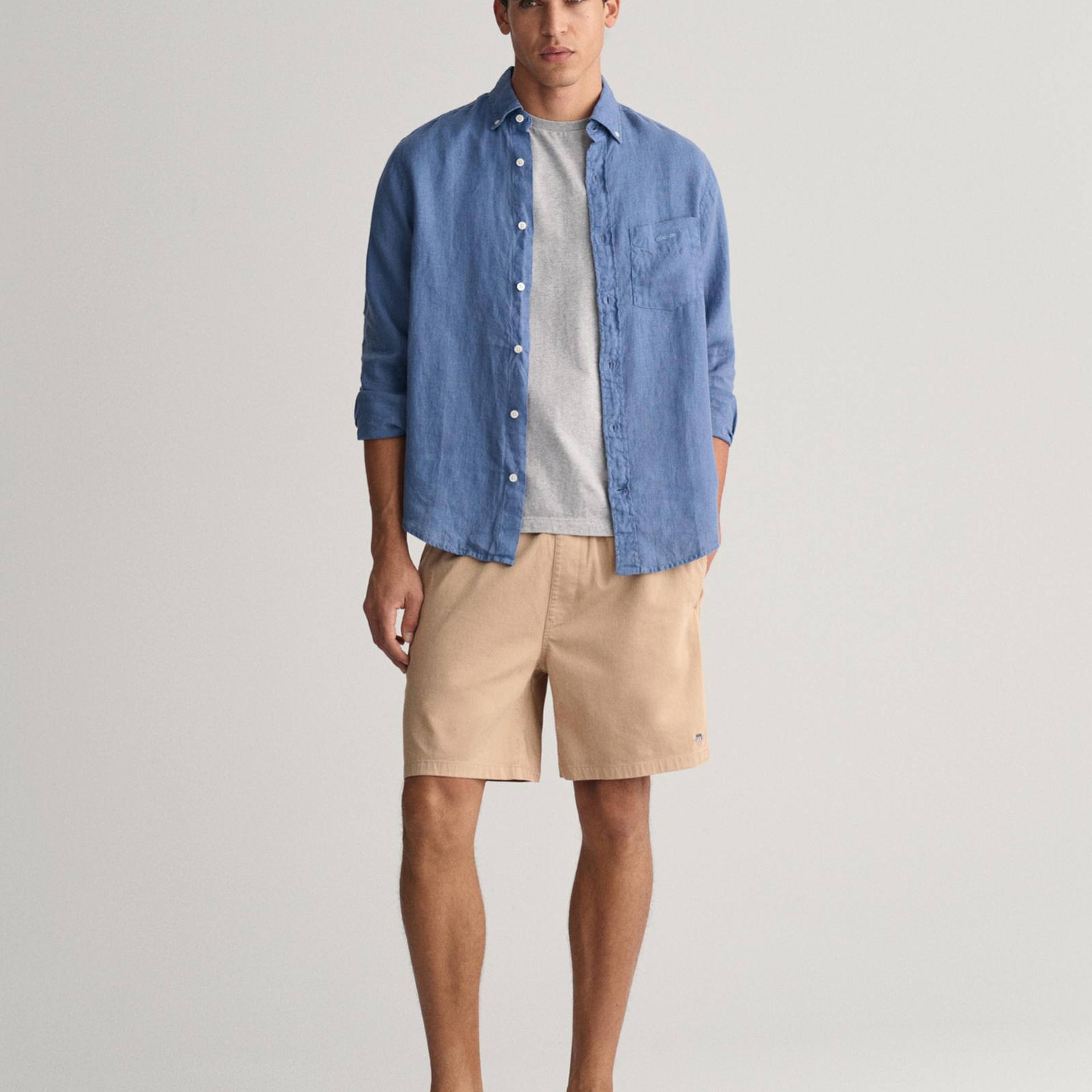 GANT Erkek Mavi Regular Fit Düğmeli Yaka Keten Gömlek
