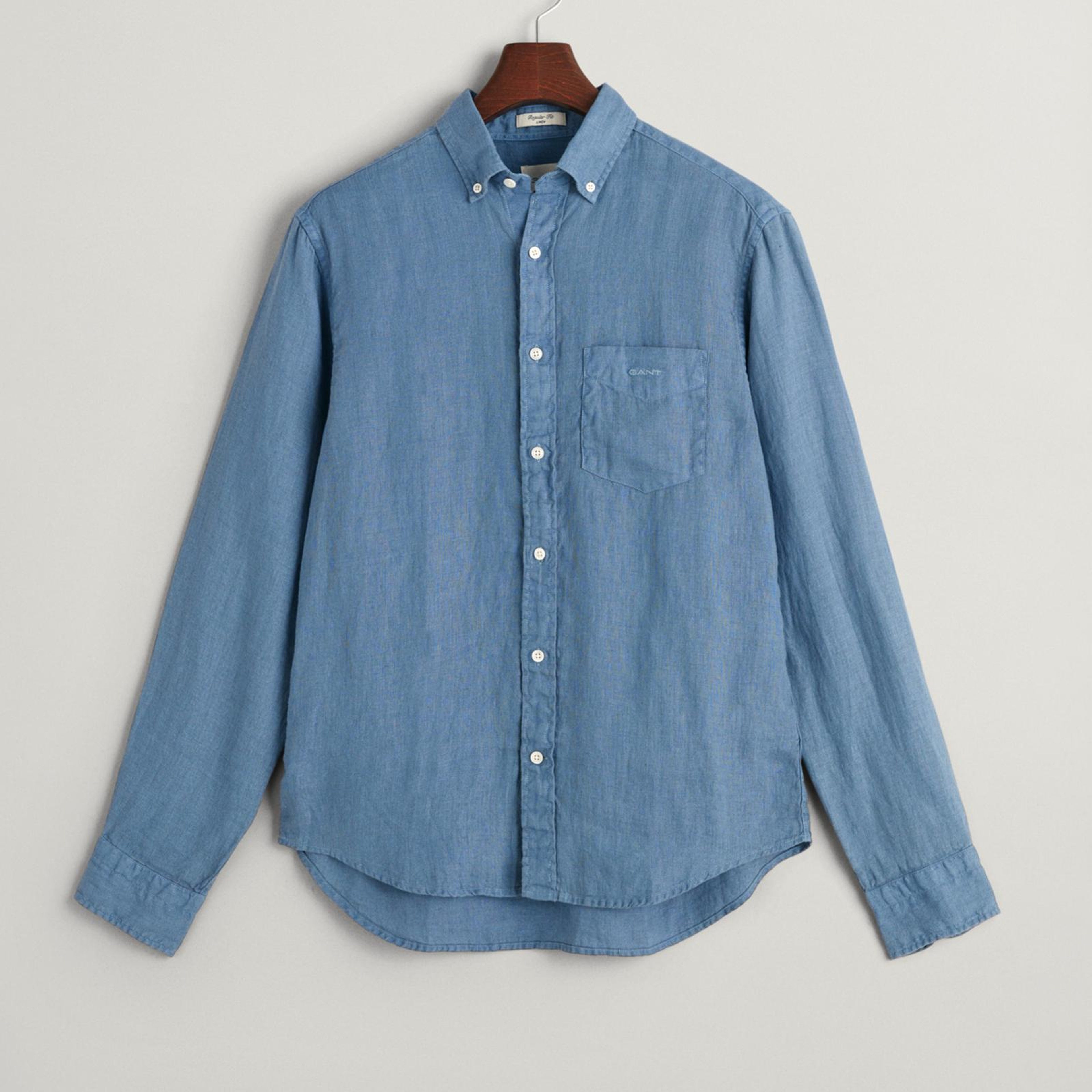 GANT Erkek Mavi Regular Fit Düğmeli Yaka Keten Gömlek