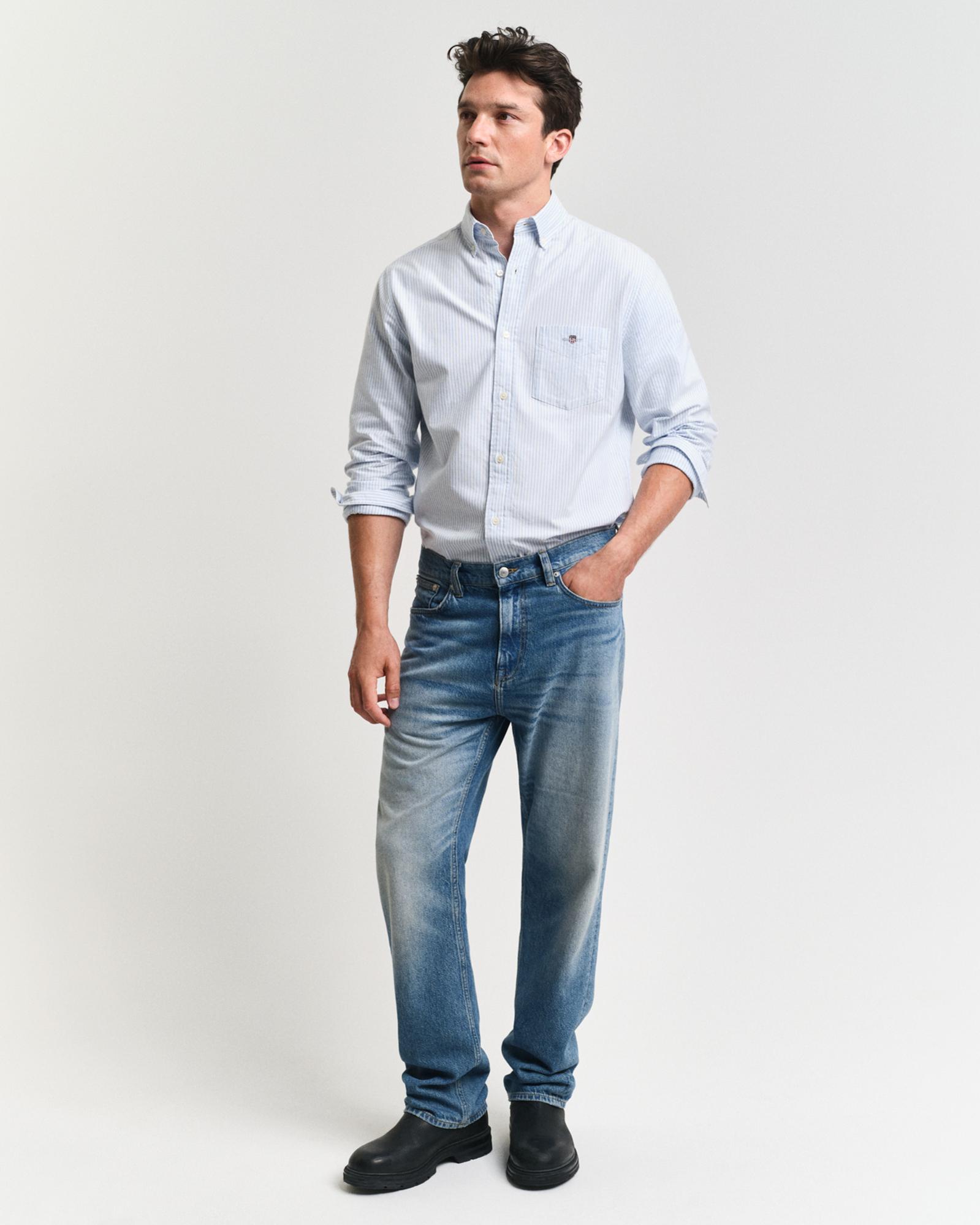 GANT Erkek Mavi Regular Fit Çizgili Logolu Gömlek