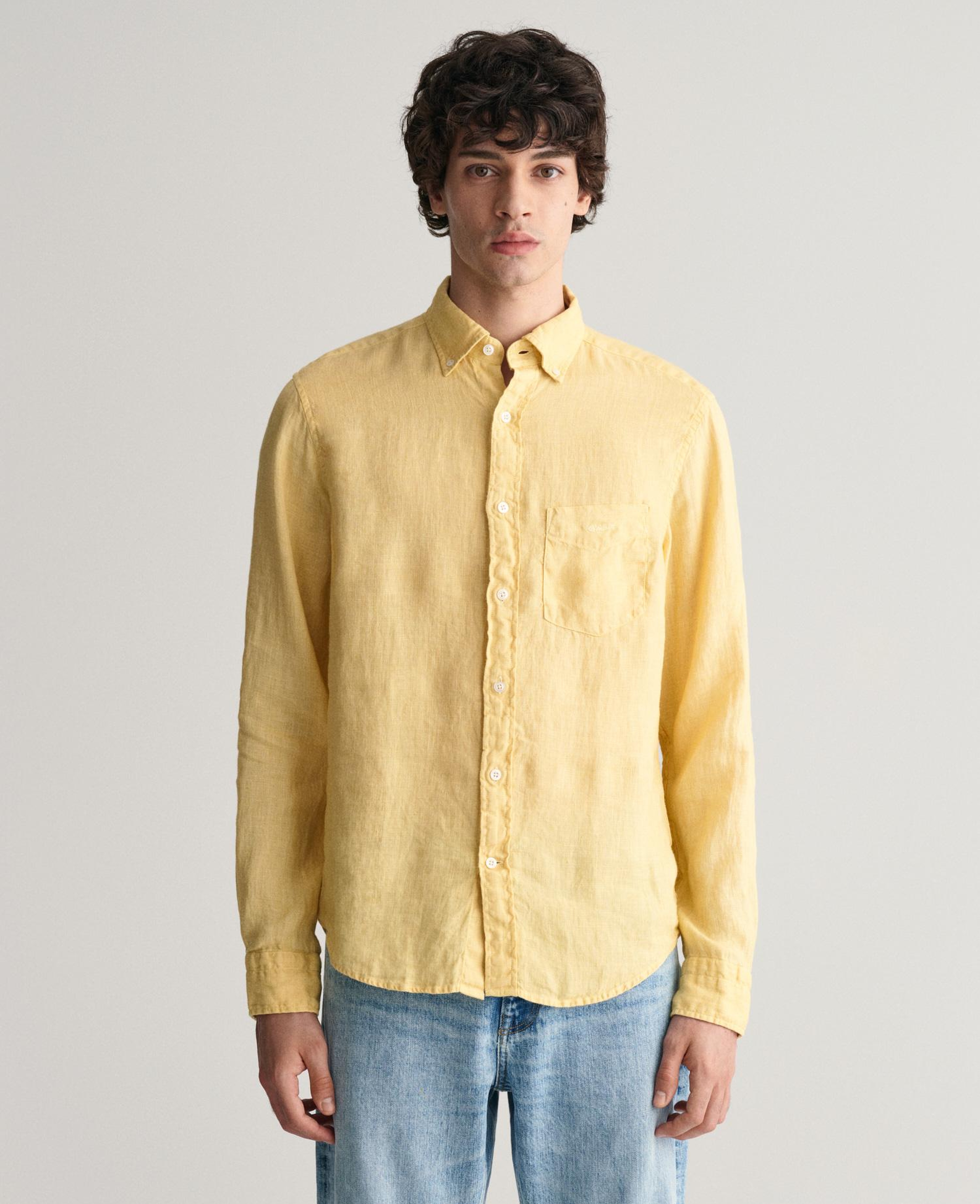 GANT Erkek Sarı Regular Fit Düğmeli Yaka Keten Gömlek