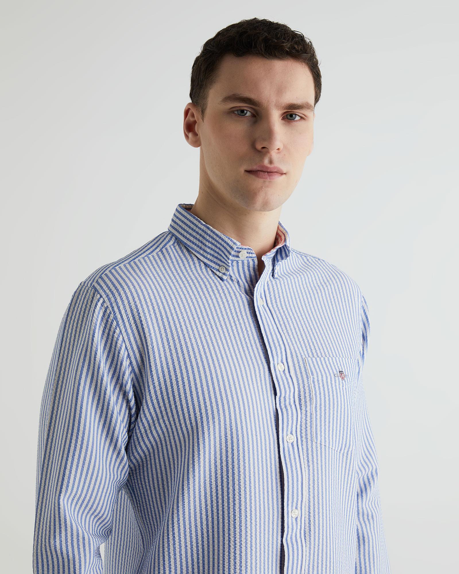 GANT Erkek Mavi Regular Fit Çizgili Logolu Gömlek