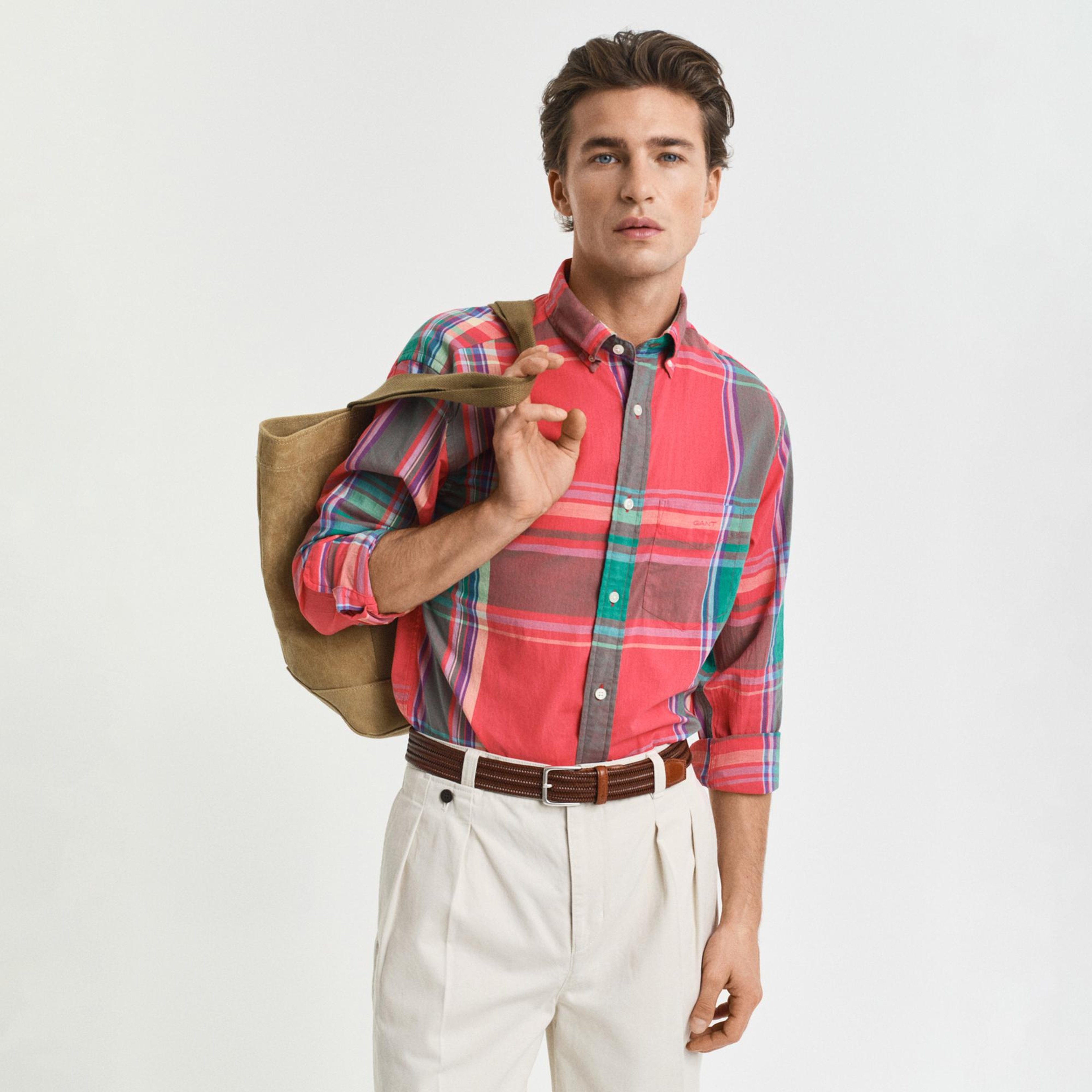 GANT Erkek Kırmızı Regular Fit Düğmeli Yaka Kareli Gömlek