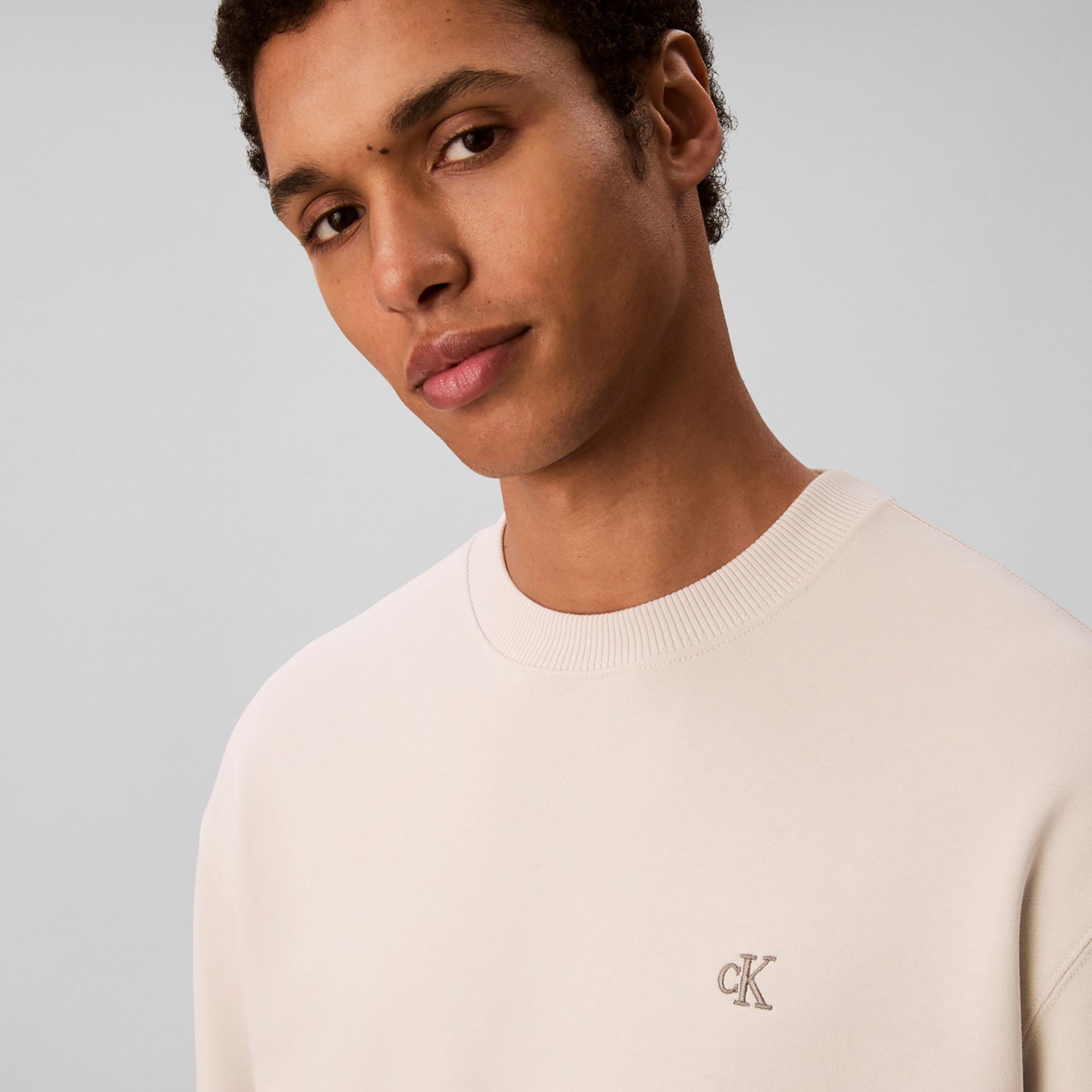 Calvin Klein Terry Monogram Erkek Beyaz Sweatshirt