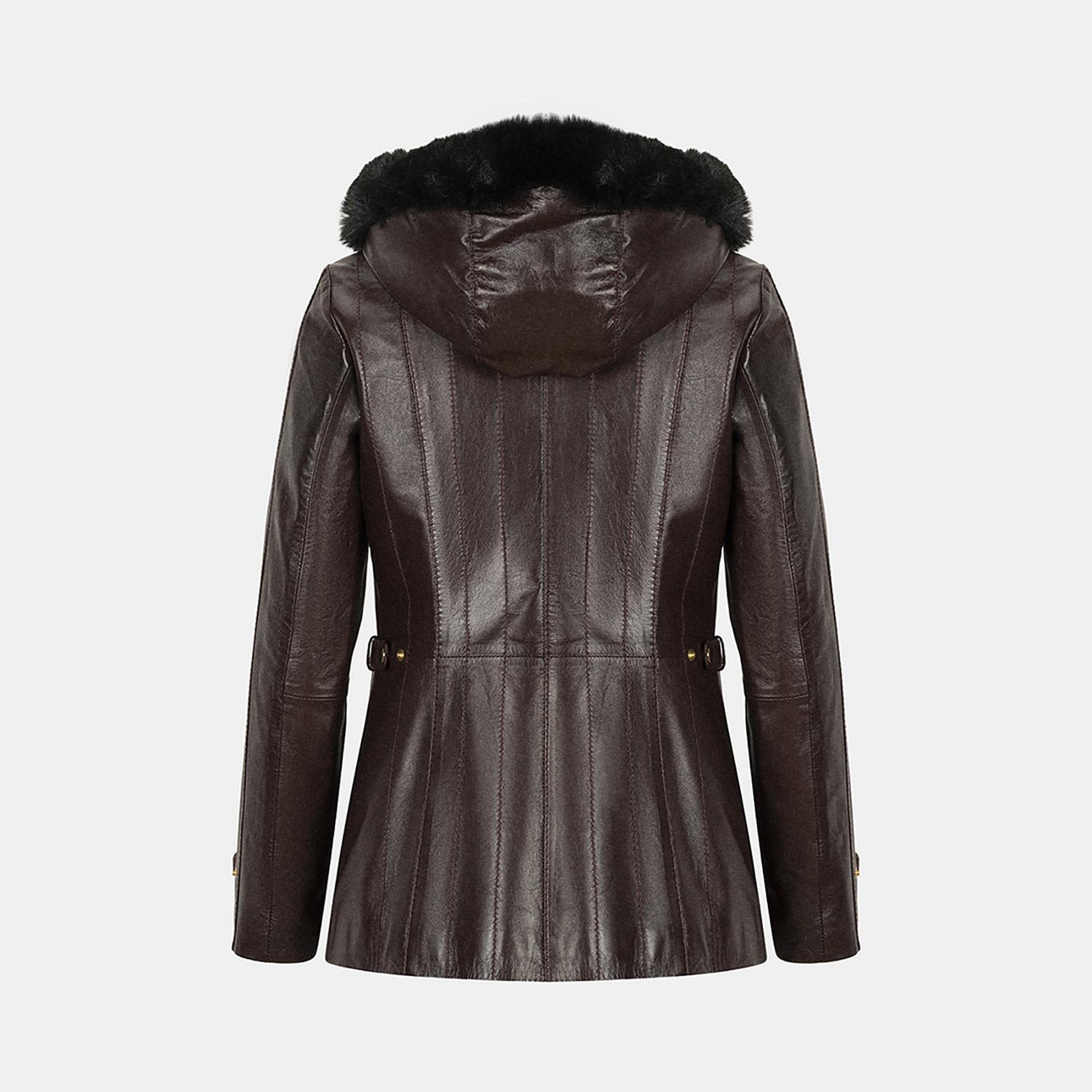 Kadın Bordo Kapüşonlu Deri Mont