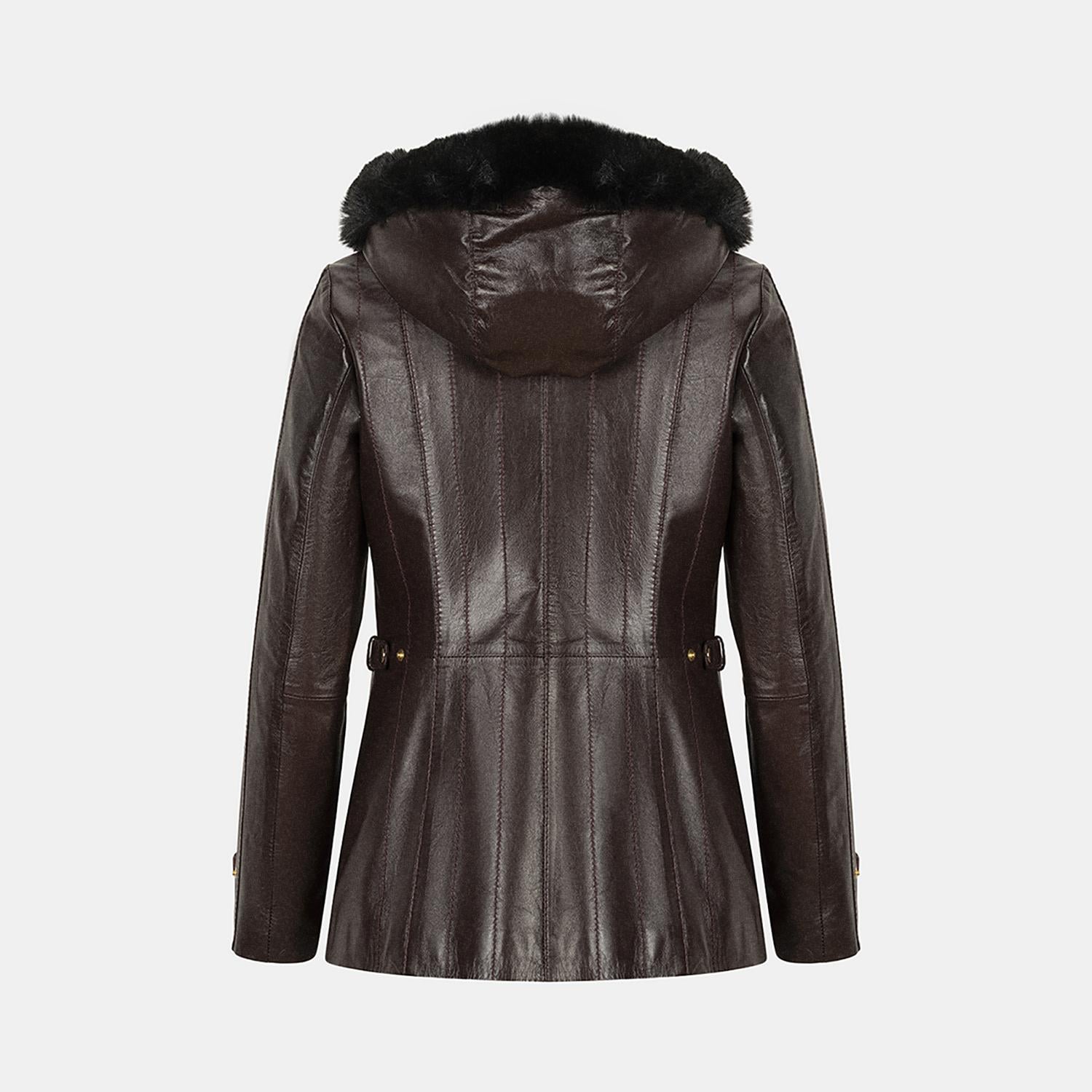 Kadın Bordo Kapüşonlu Deri Mont