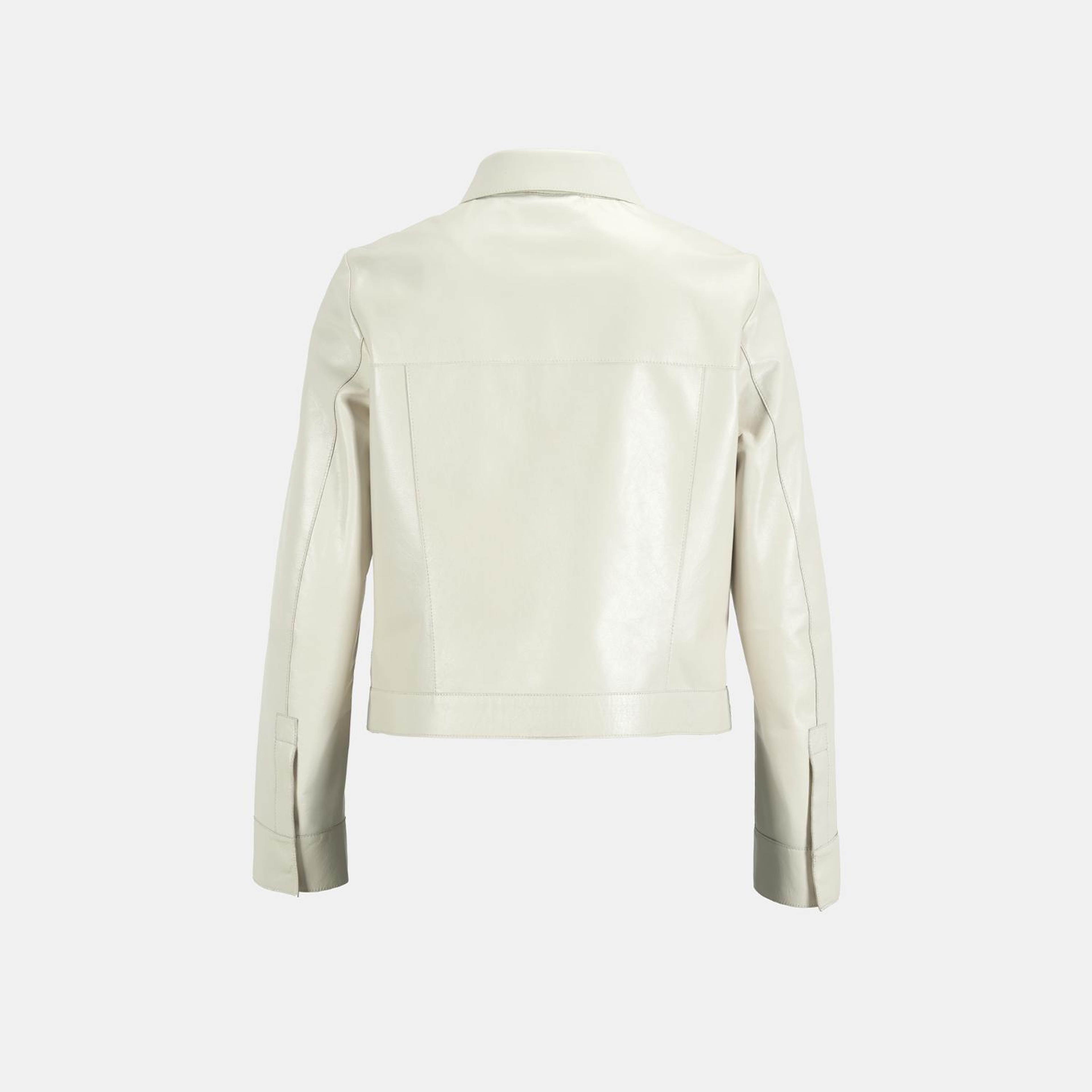 Kadın Beyaz Gömlek Yaka Örmeli Deri Ceket