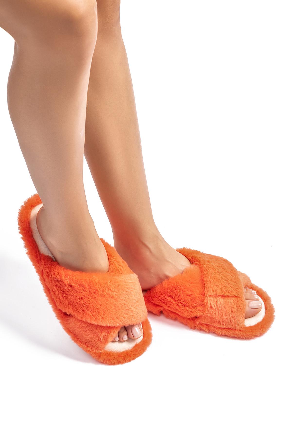 Çapraz Peluş Kadın Ev Terliği Turuncu 36/41