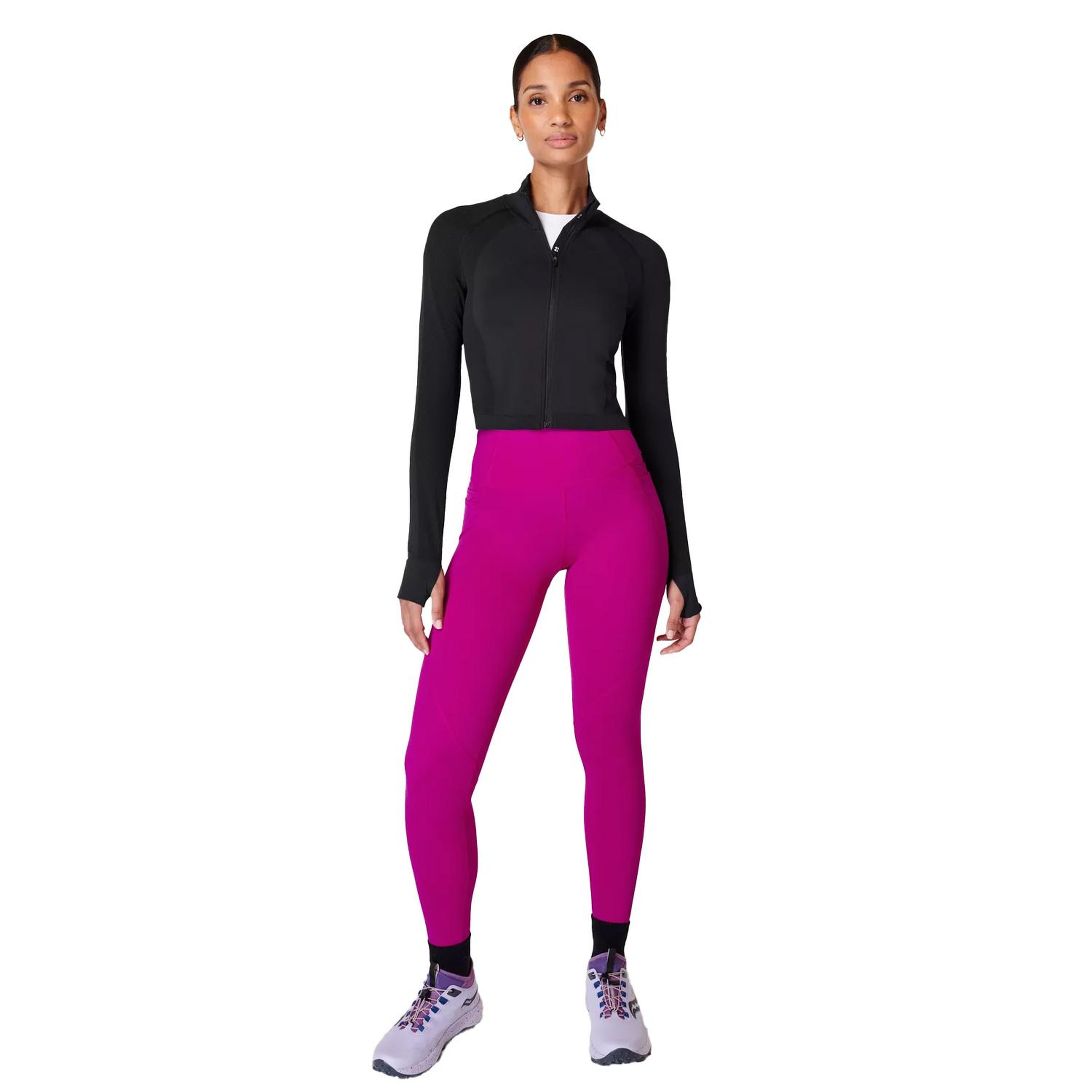 Sweaty Betty Athlete Crop Seamless Workout Zip Up Kadın Siyah Koşu Ceketi