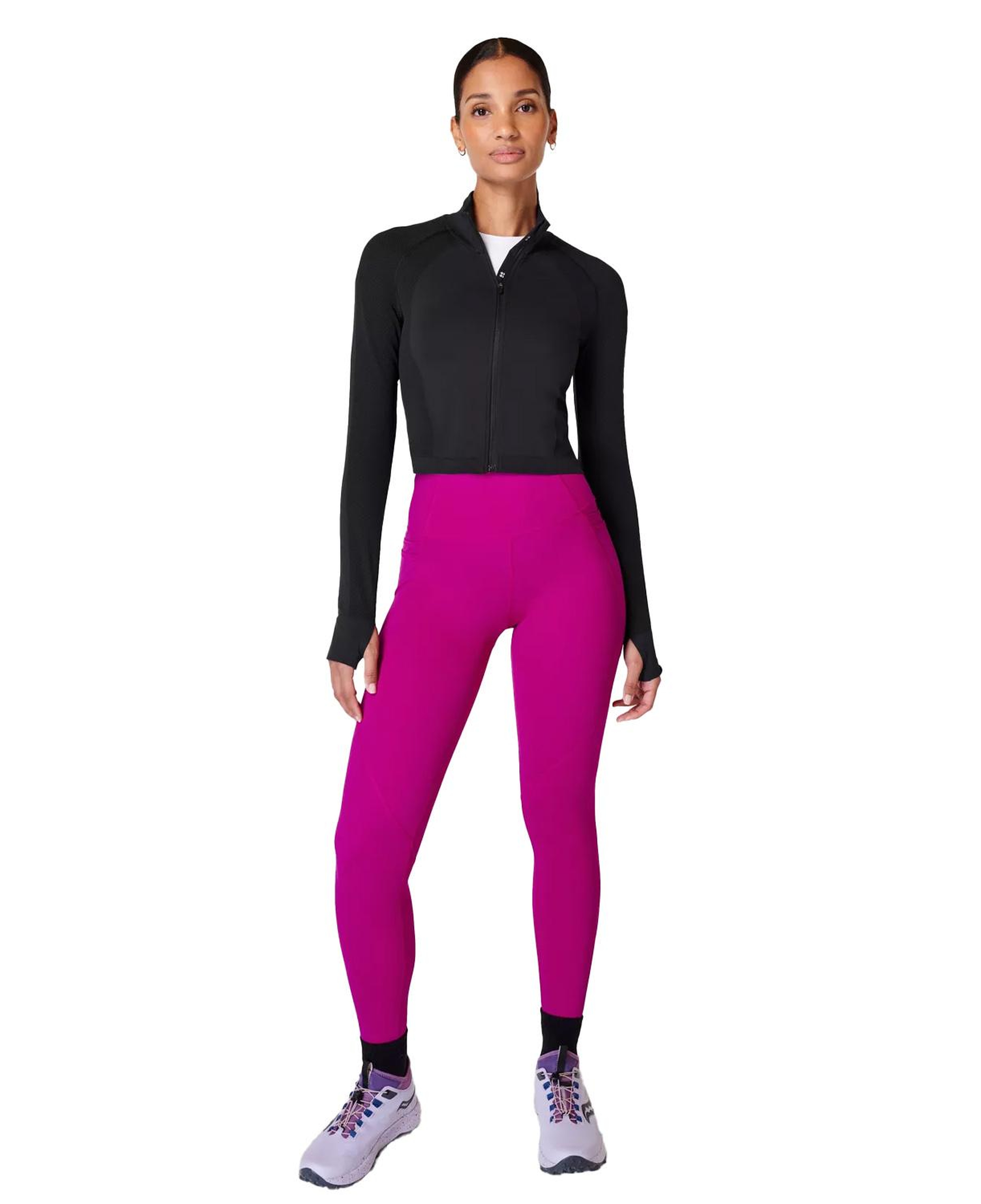Sweaty Betty Athlete Crop Seamless Workout Zip Up Kadın Siyah Koşu Ceketi