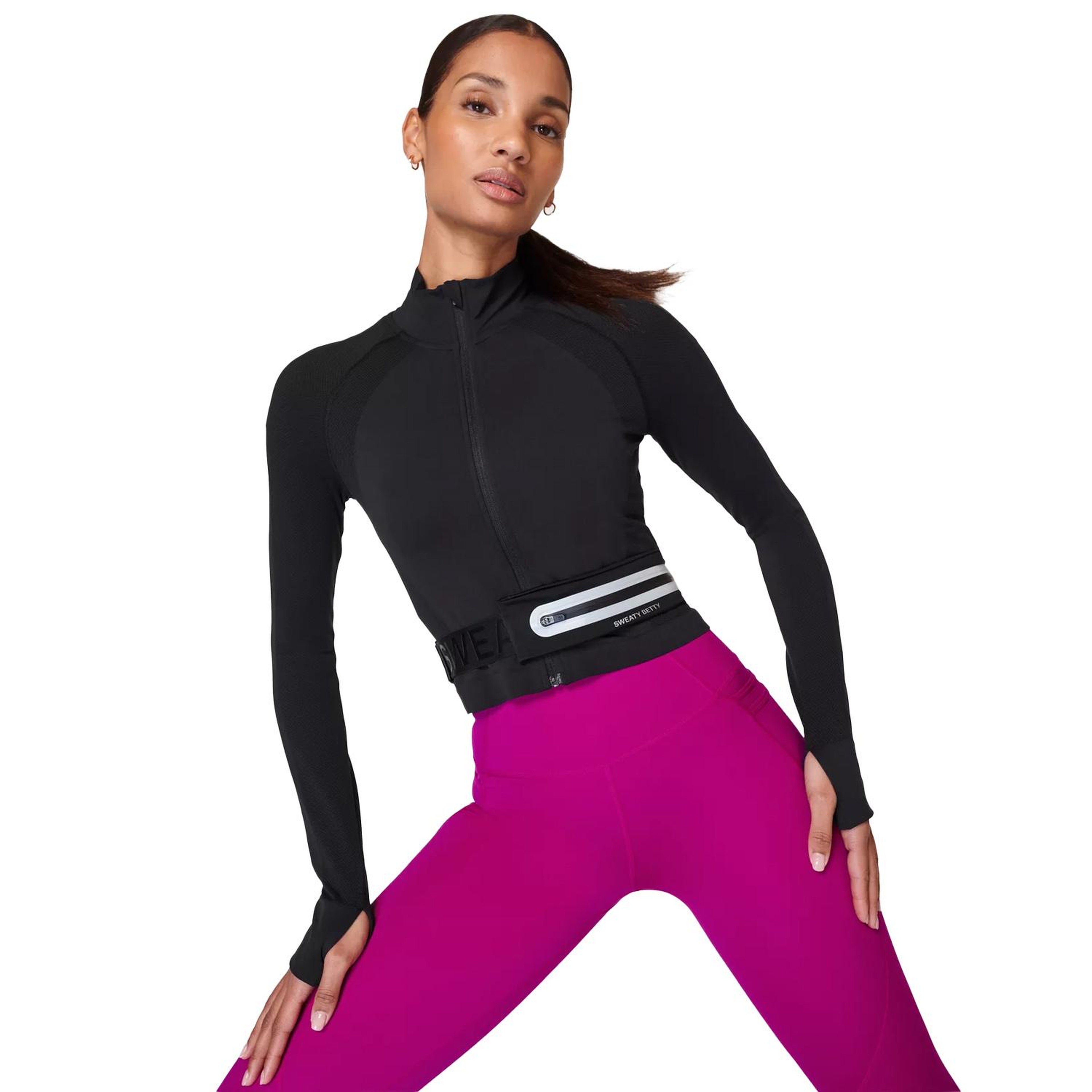 Sweaty Betty Athlete Crop Seamless Workout Zip Up Kadın Siyah Koşu Ceketi
