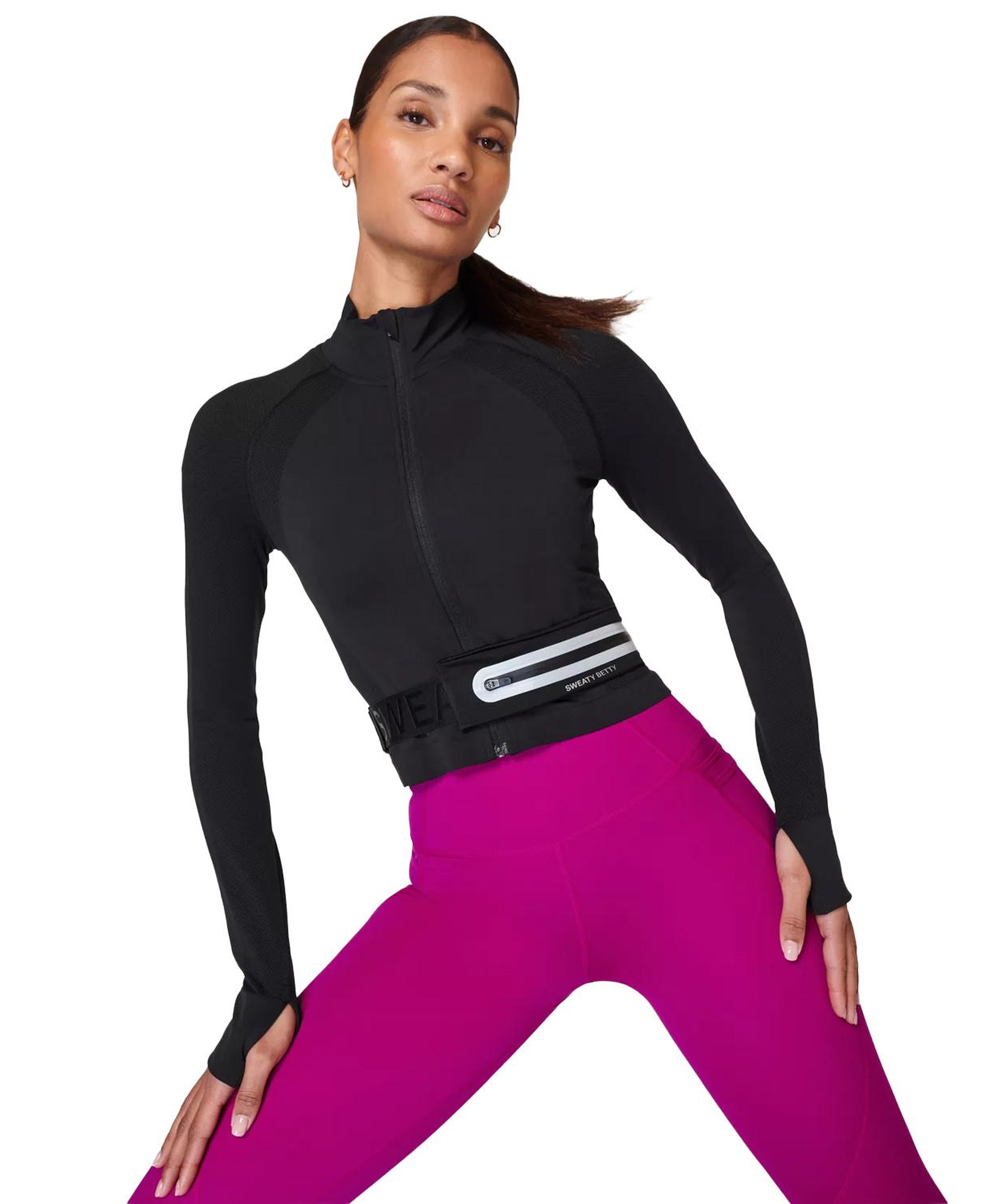 Sweaty Betty Athlete Crop Seamless Workout Zip Up Kadın Siyah Koşu Ceketi