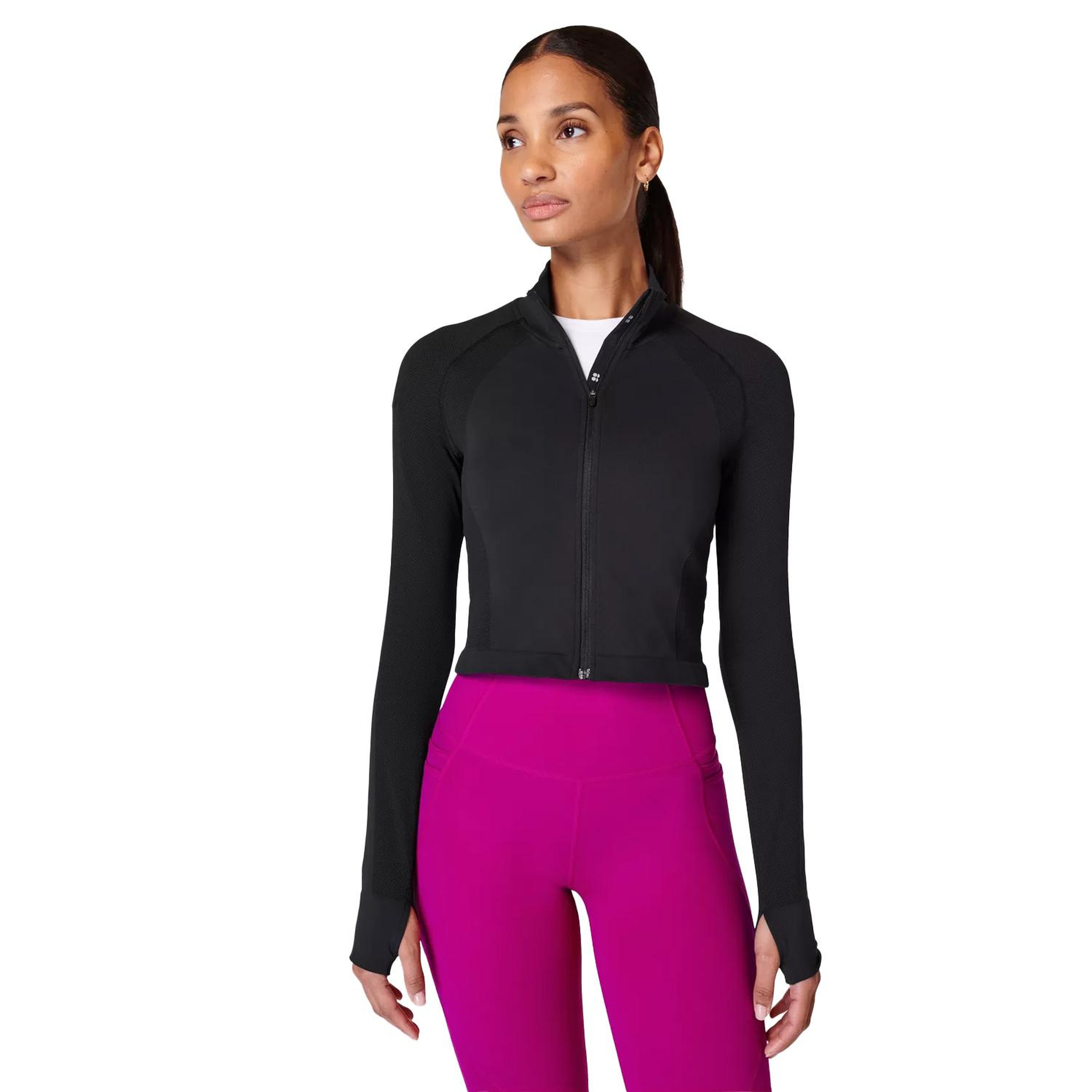 Sweaty Betty Athlete Crop Seamless Workout Zip Up Kadın Siyah Koşu Ceketi