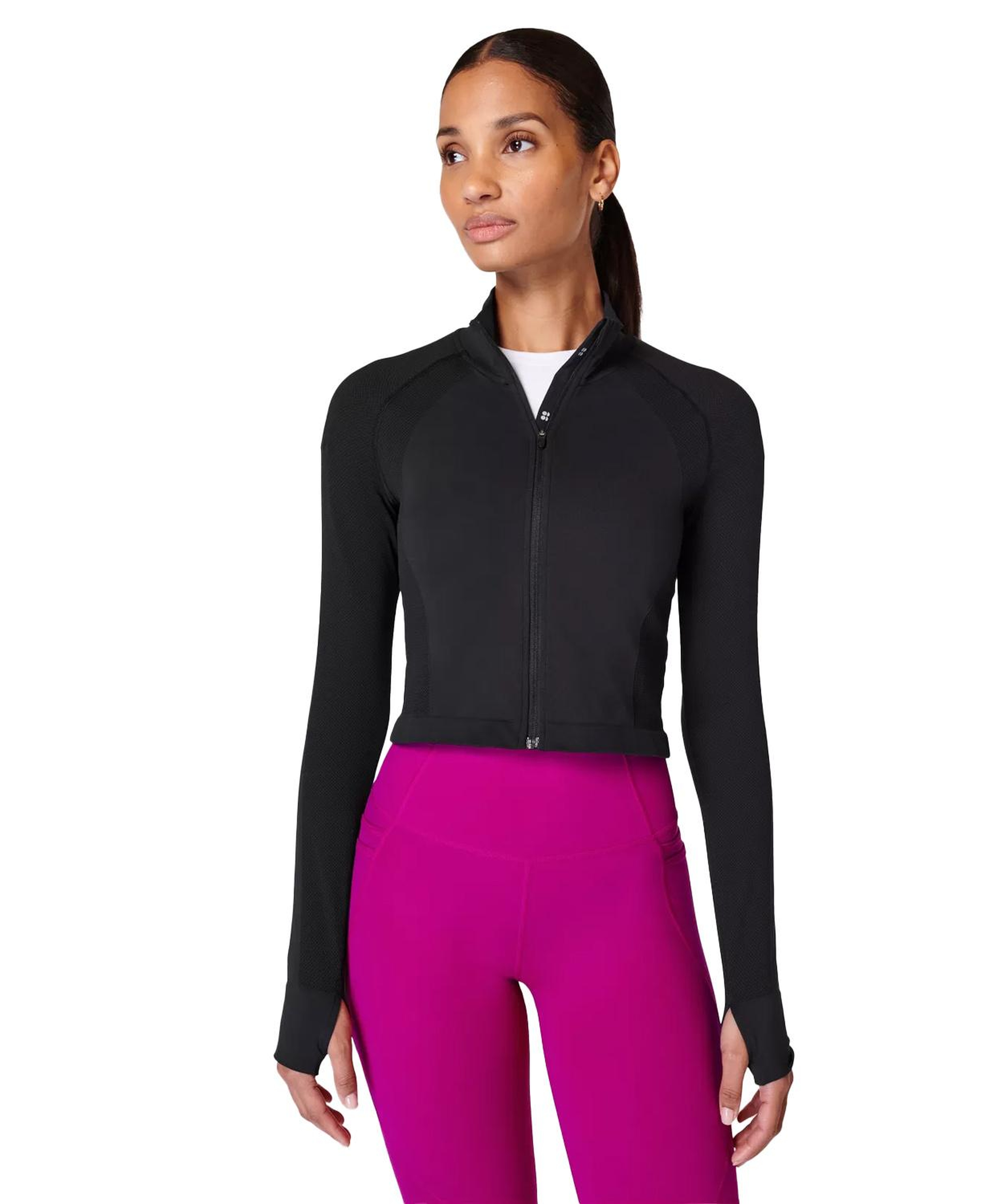 Sweaty Betty Athlete Crop Seamless Workout Zip Up Kadın Siyah Koşu Ceketi
