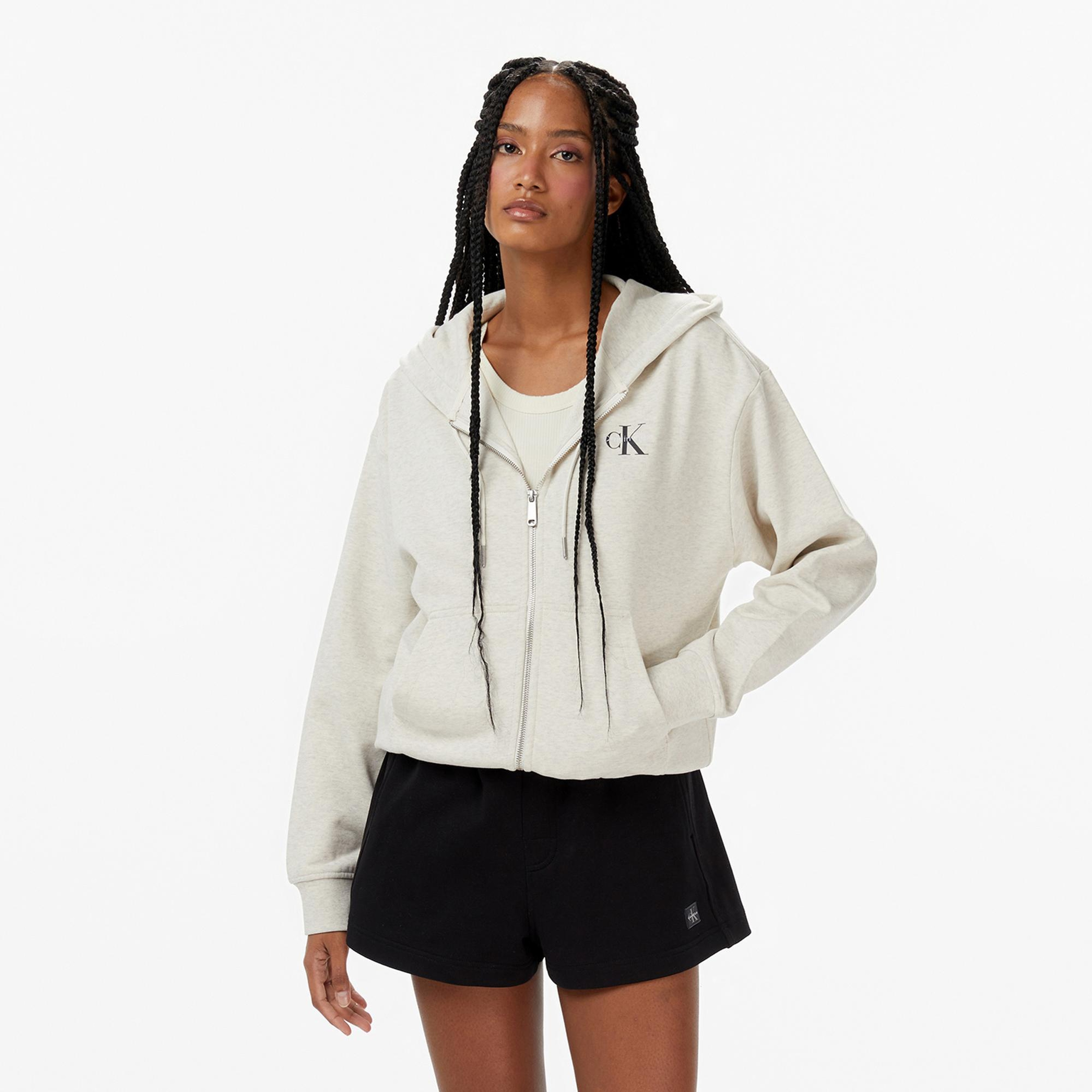 Calvin Klein Monologo French Terry Kadın Krem Rengi Sweatshirt