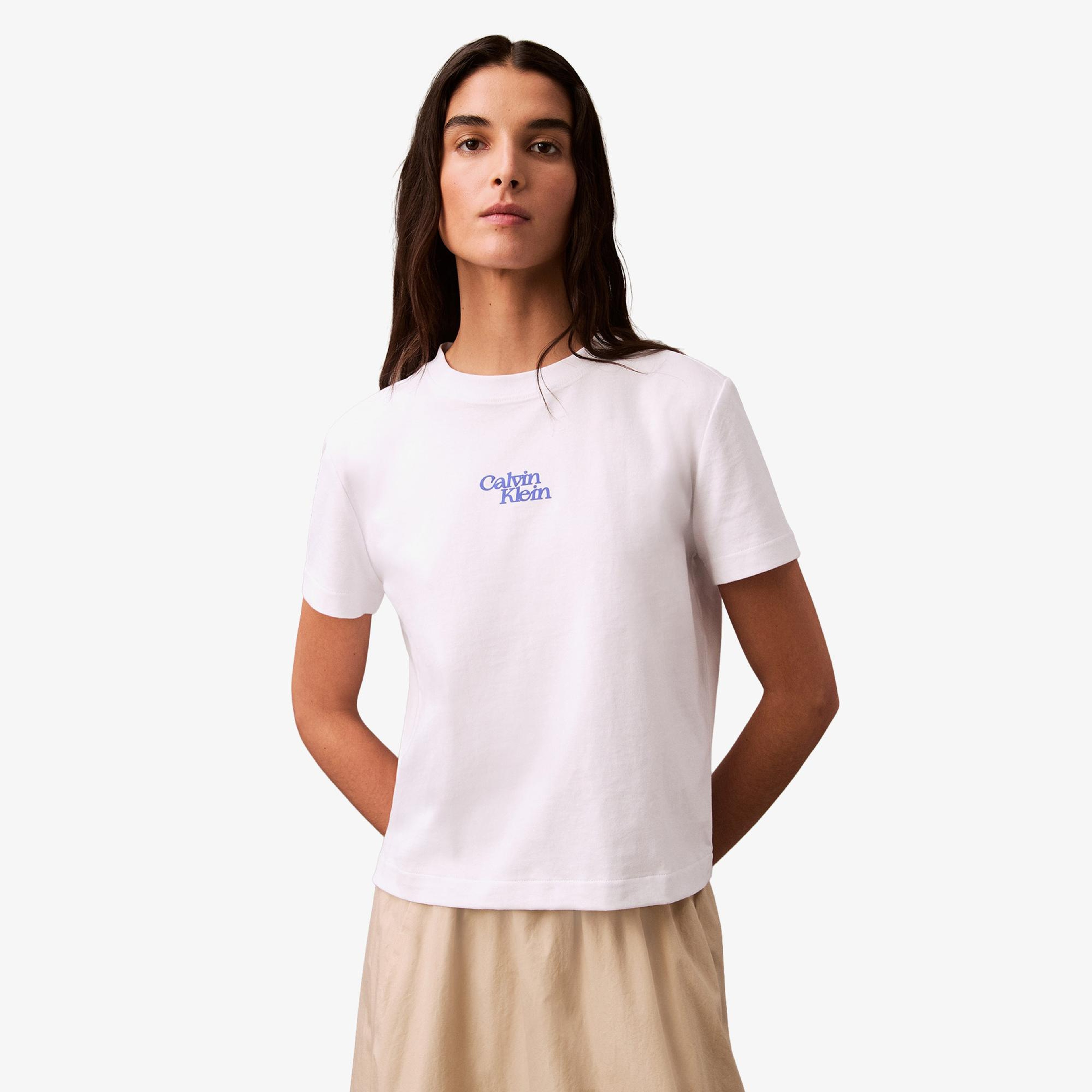 Calvin Klein Flocked Logo Kadın Beyaz T-Shirt
