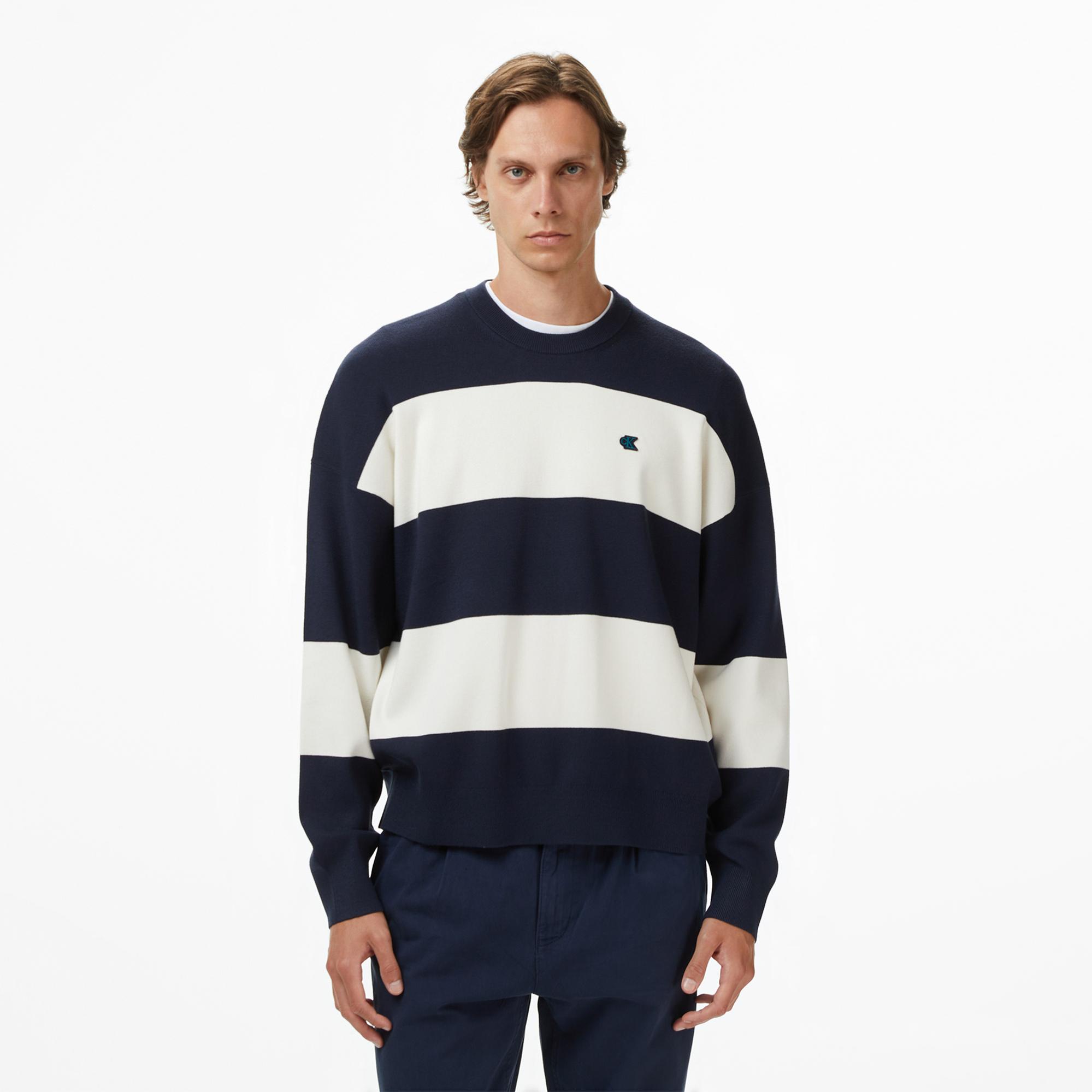 Calvin Klein Striped Snowy Relaxed Crew Erkek Renkli Triko