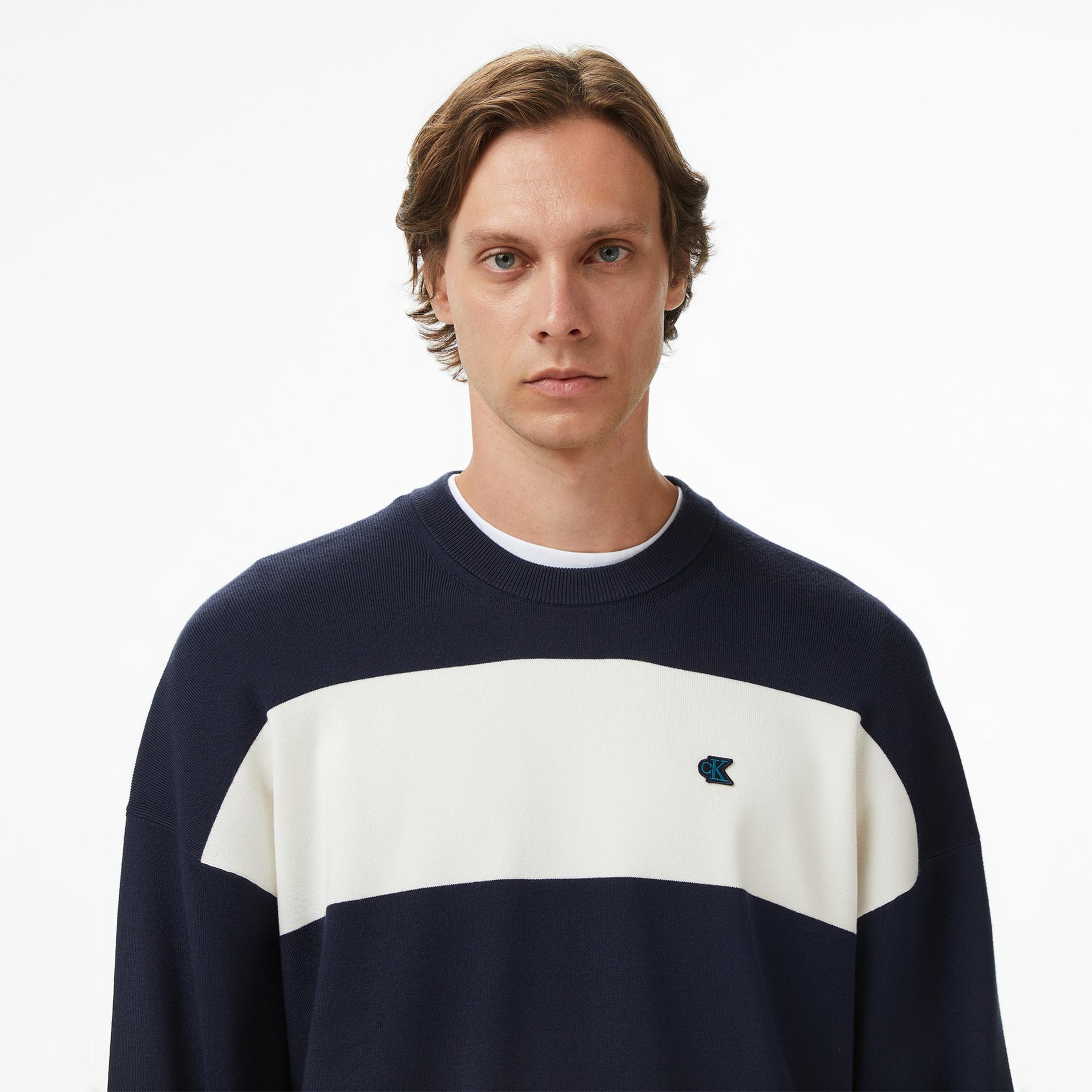 Calvin Klein Striped Snowy Relaxed Crew Erkek Renkli Triko