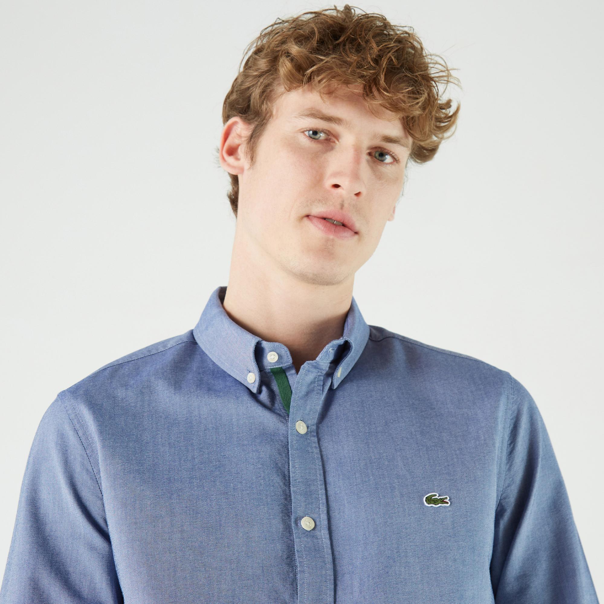 Erkek Slim Fit Düğmeli Yaka Lacivert Gömlek