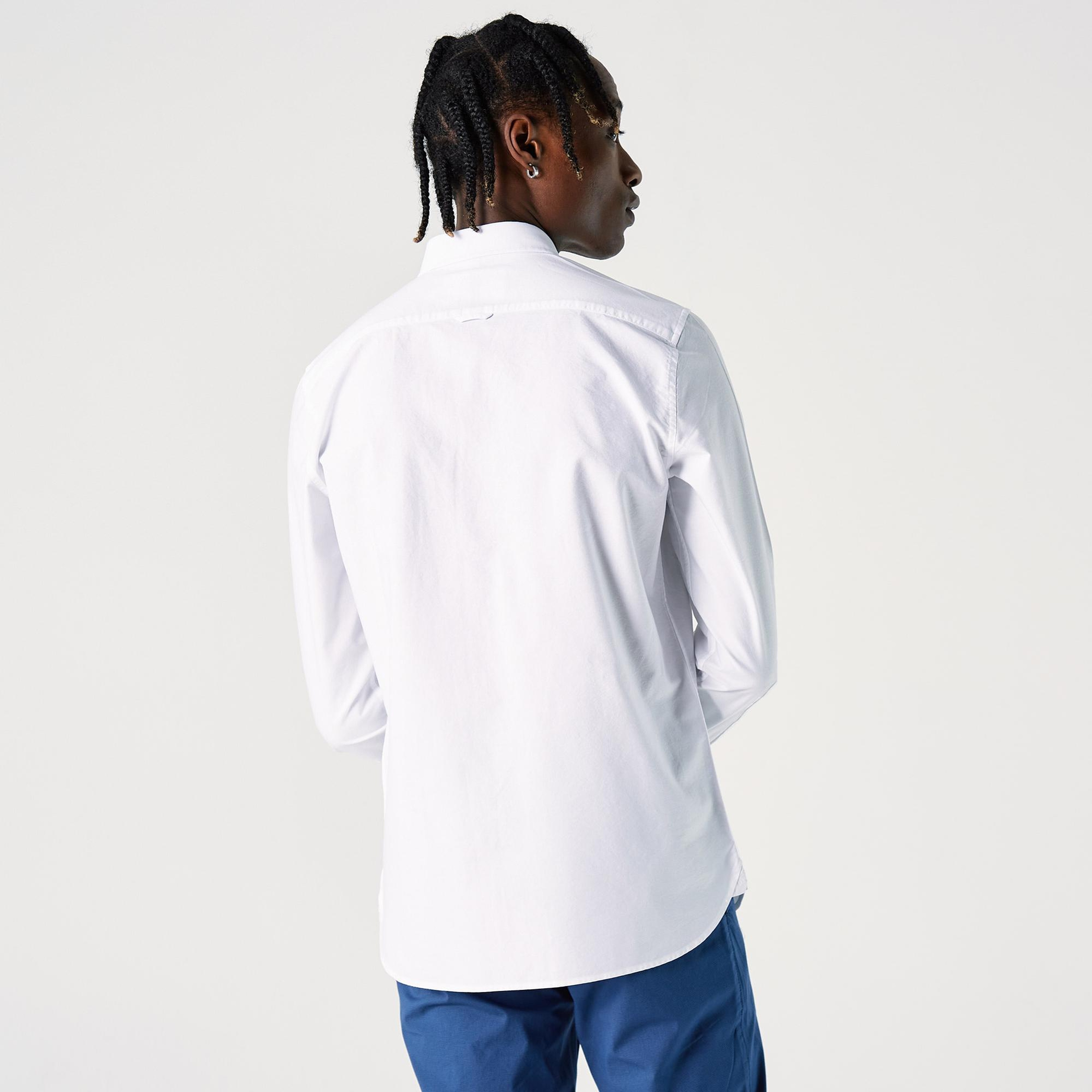 Erkek Slim Fit Düğmeli Yaka Beyaz Gömlek