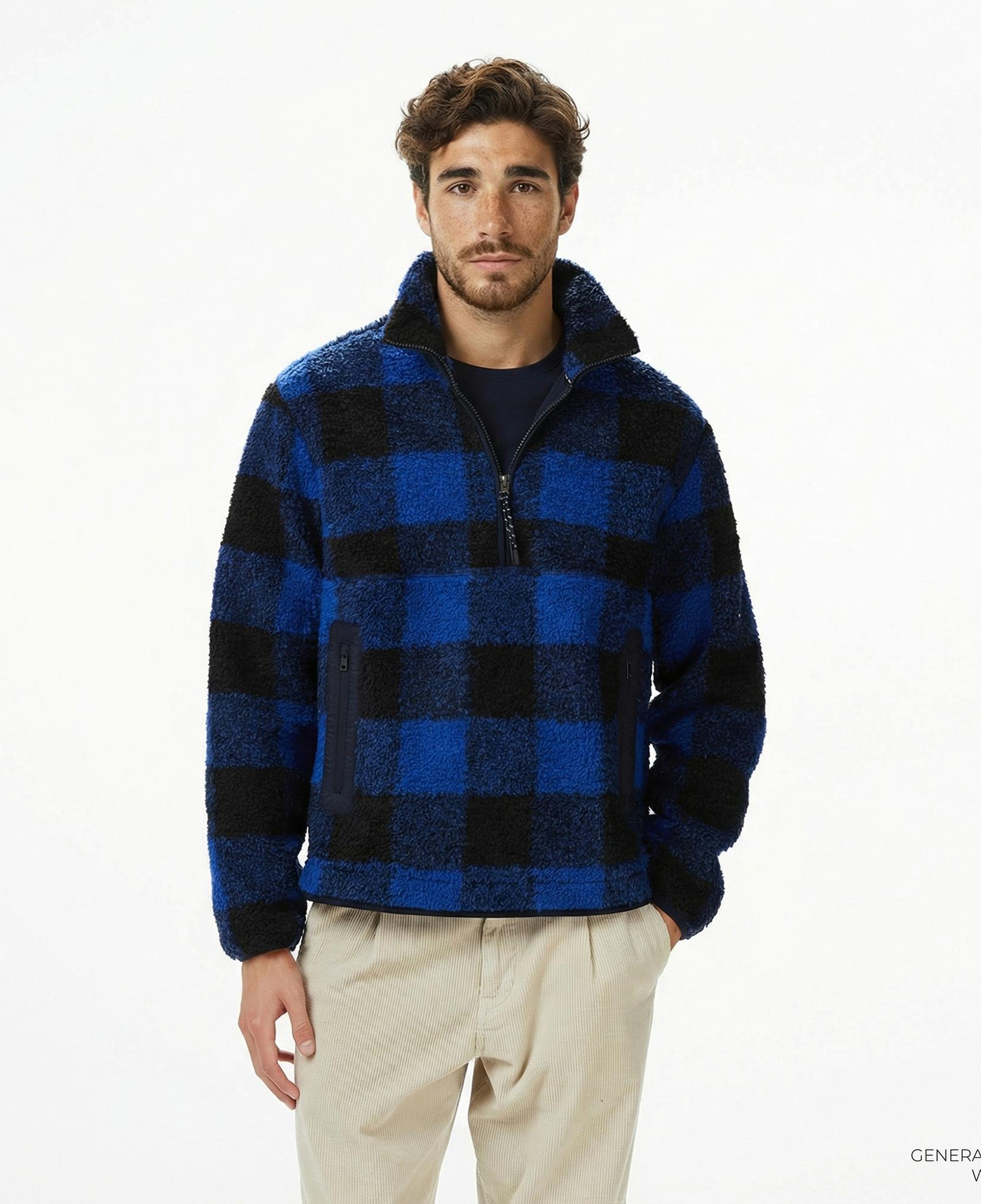 Tommy Hilfiger Teddy Fleece Check Pull Over Erkek Mavi Sweatshirt