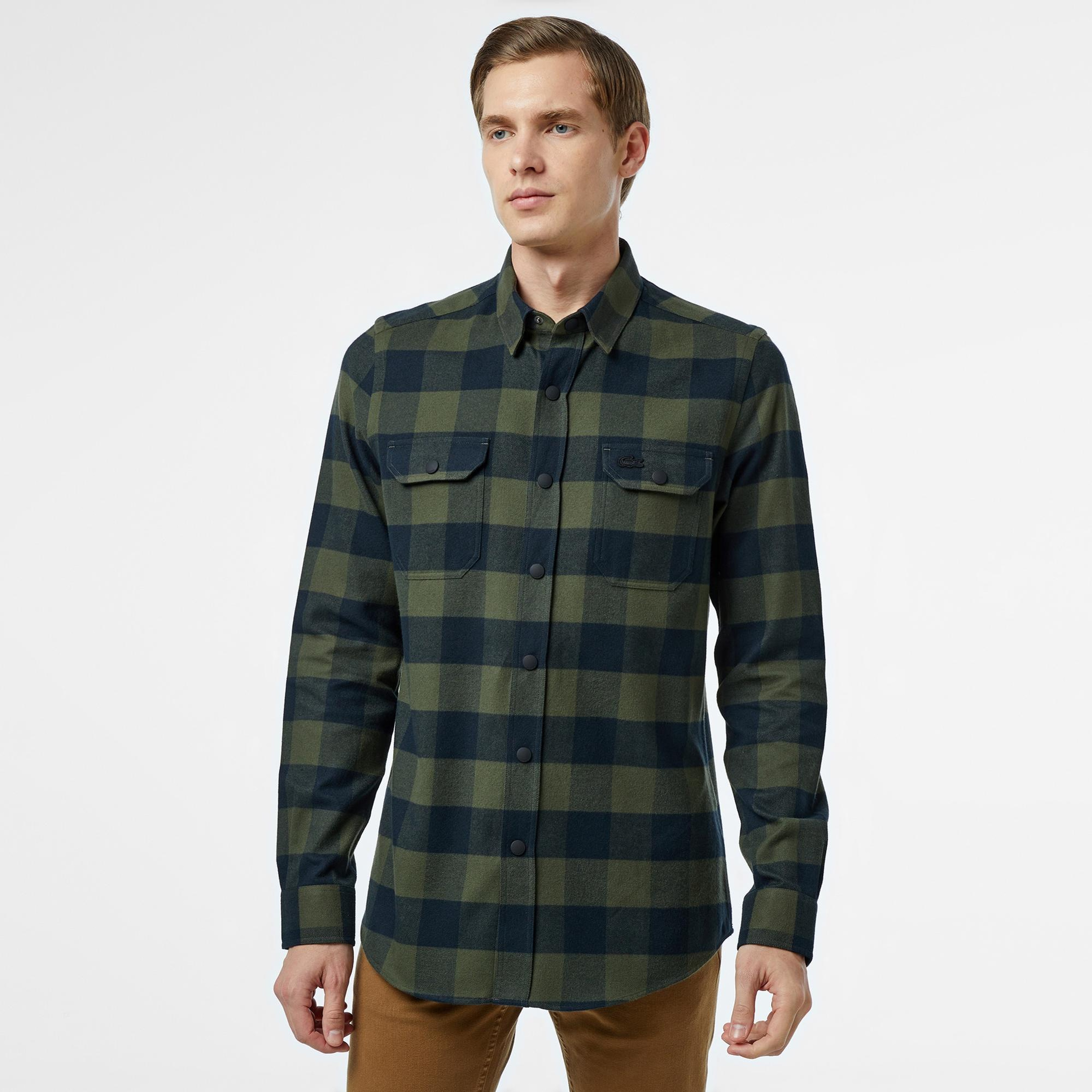 Erkek Slim Fit Ekose Yeşil Gömlek