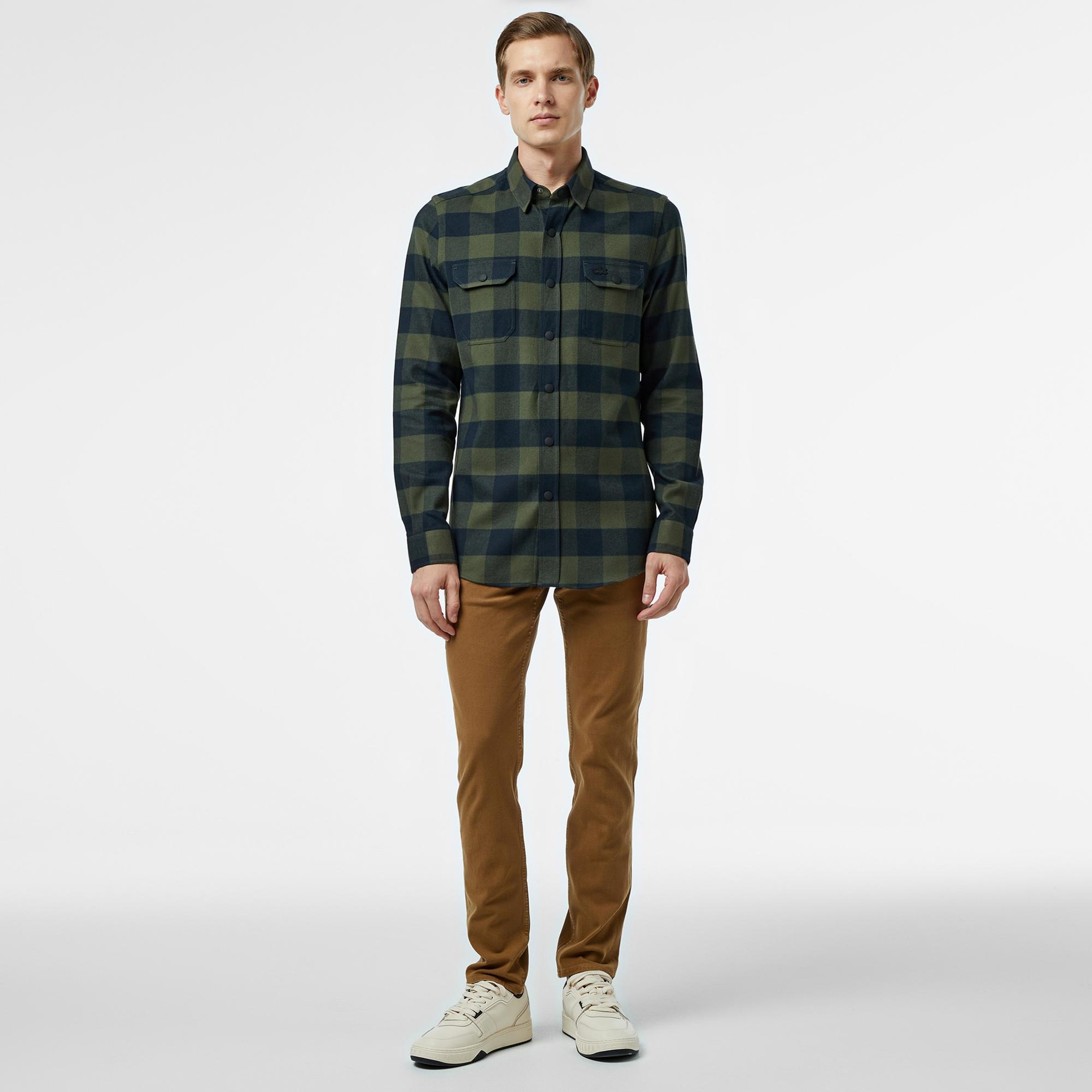 Erkek Slim Fit Ekose Yeşil Gömlek